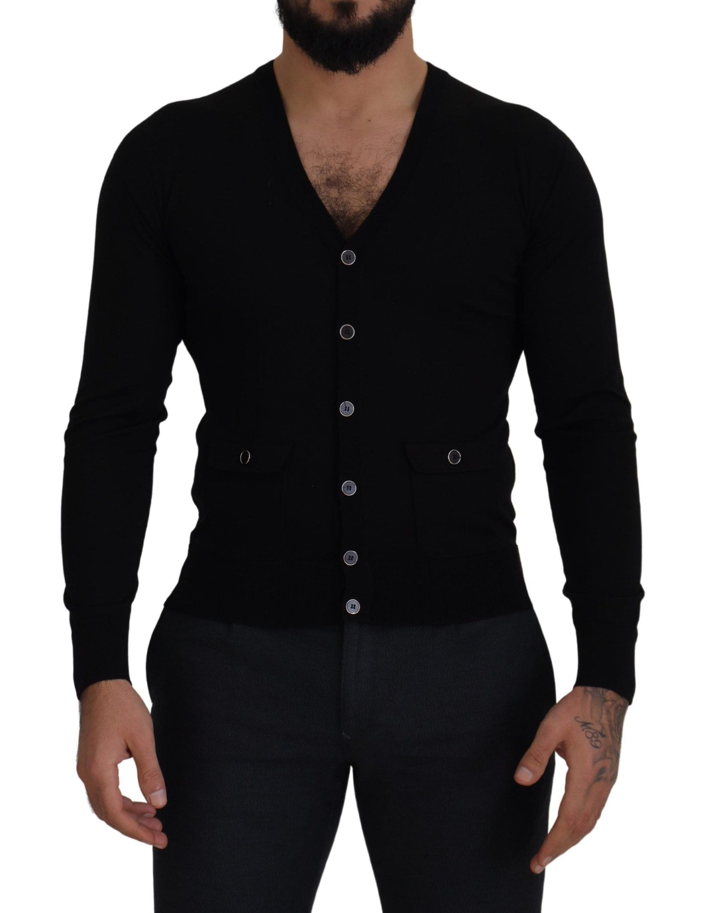 Schwarze Strickjacke aus Wolle mit Knopfleiste