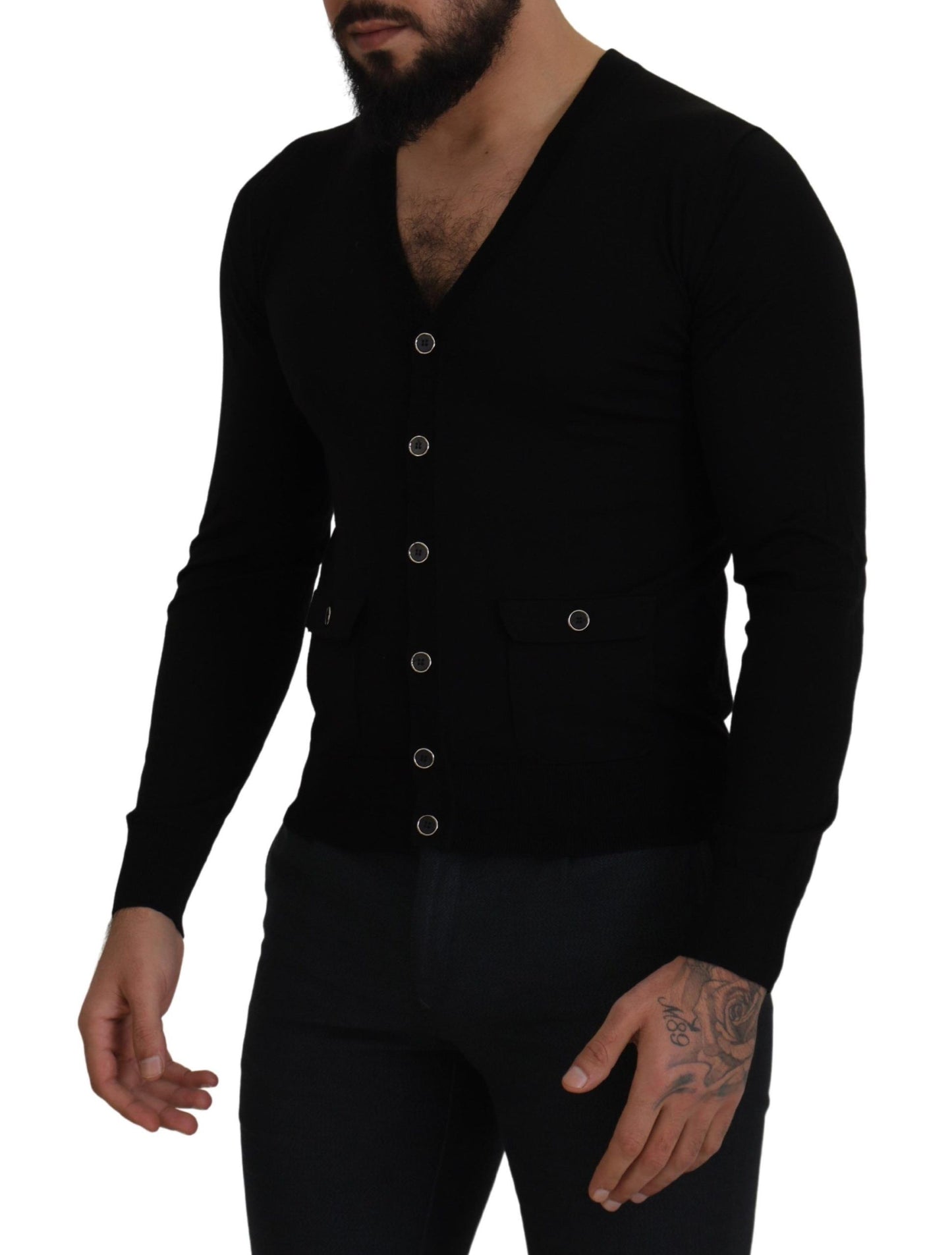 Schwarze Strickjacke aus Wolle mit Knopfleiste