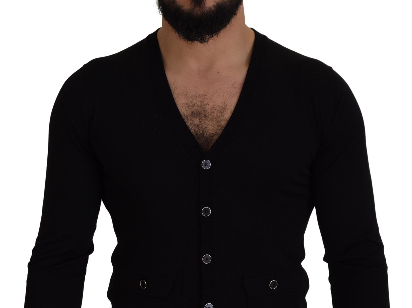 Schwarze Strickjacke aus Wolle mit Knopfleiste