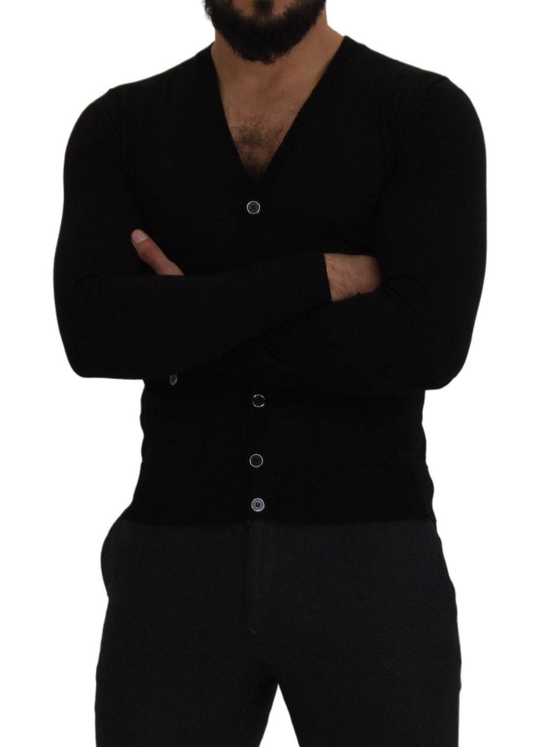 Schwarze Strickjacke aus Wolle mit Knopfleiste