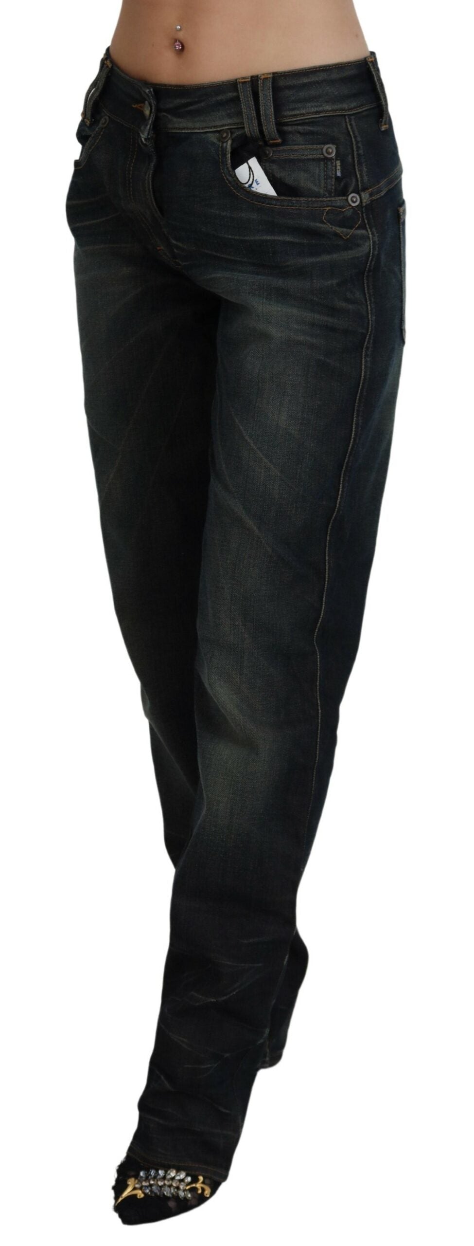 Blau gewaschene Mid Waist Straight Denim Jeans