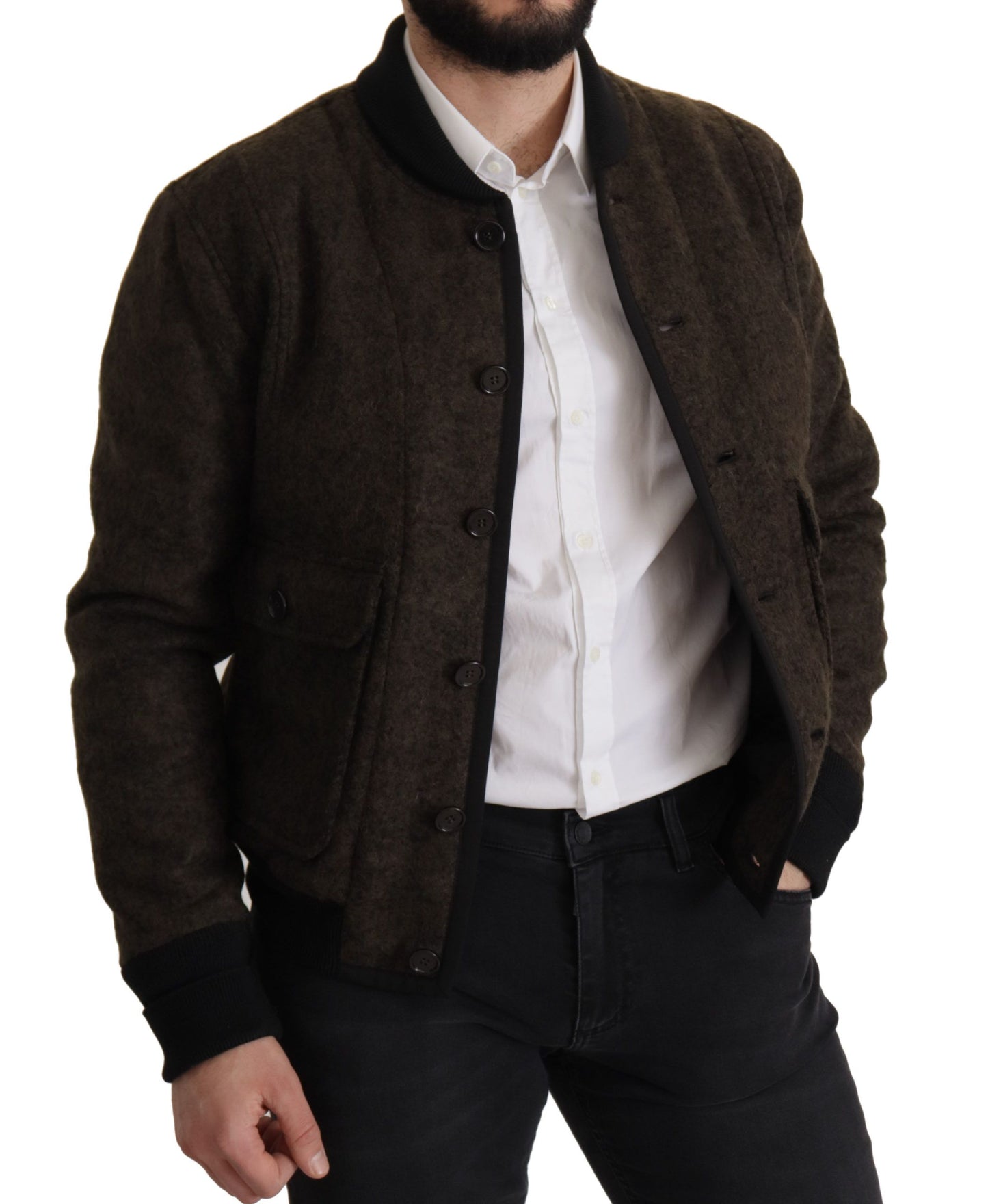 Brauner Alpaka Button Down Bomber Mantel Jacke