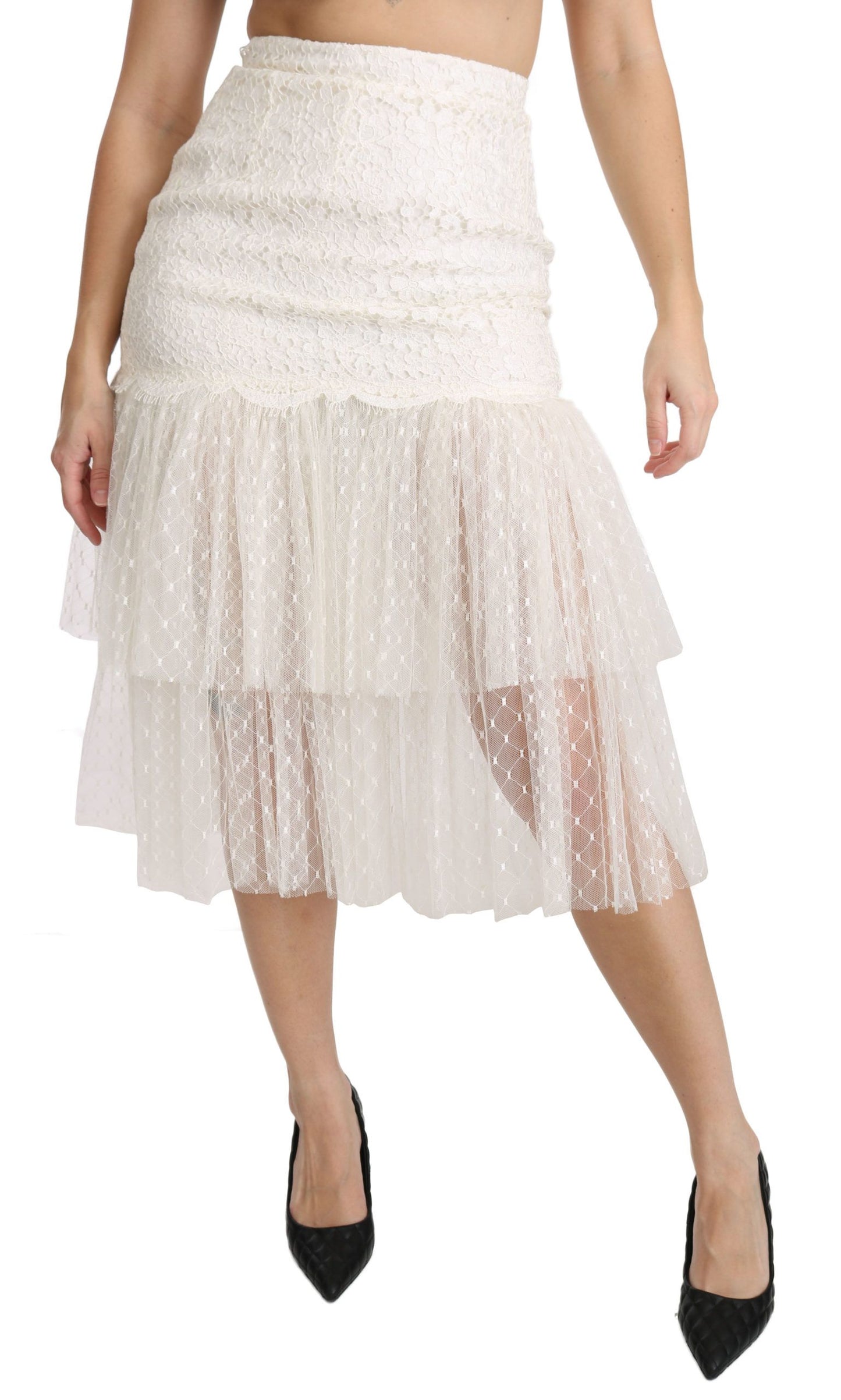 Weißer mehrlagiger Midi-Baumwollrock mit hoher Taille und Spitze