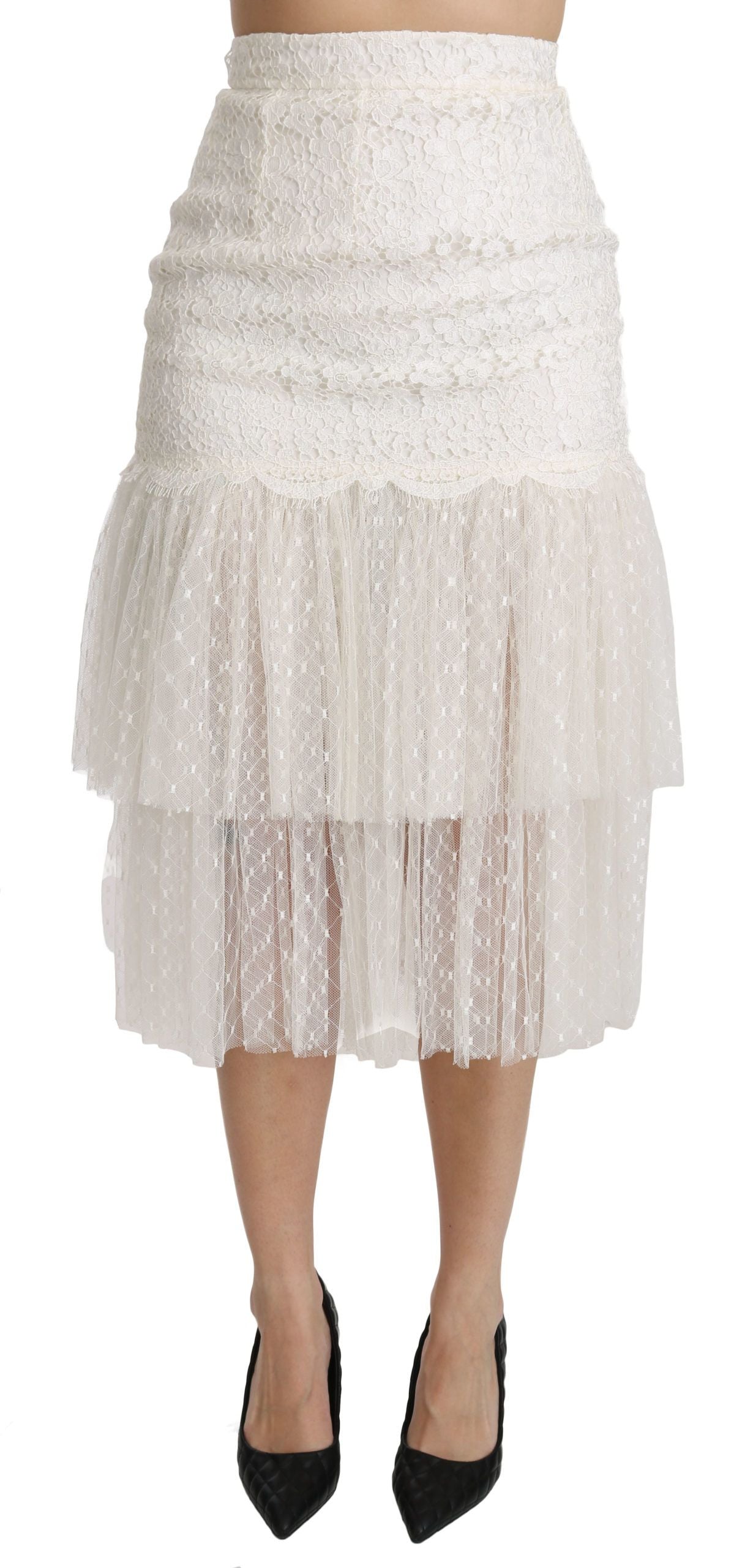 Weißer mehrlagiger Midi-Baumwollrock mit hoher Taille und Spitze