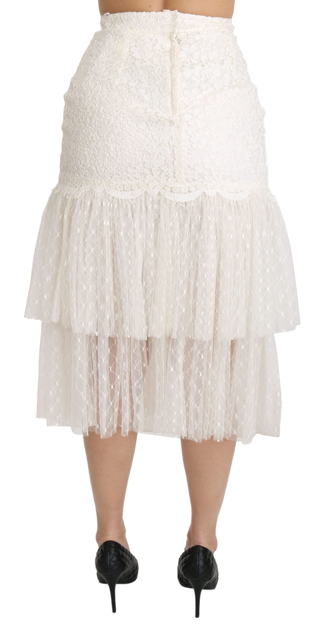 Weißer mehrlagiger Midi-Baumwollrock mit hoher Taille und Spitze