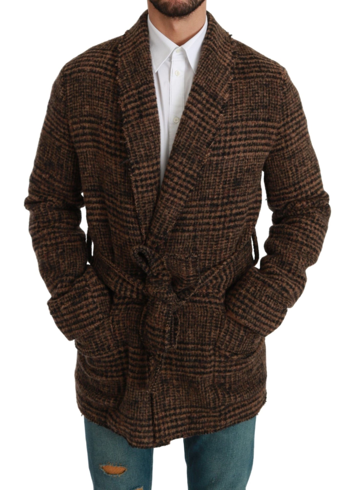 Braun karierter Wollmantel Wickeljacke