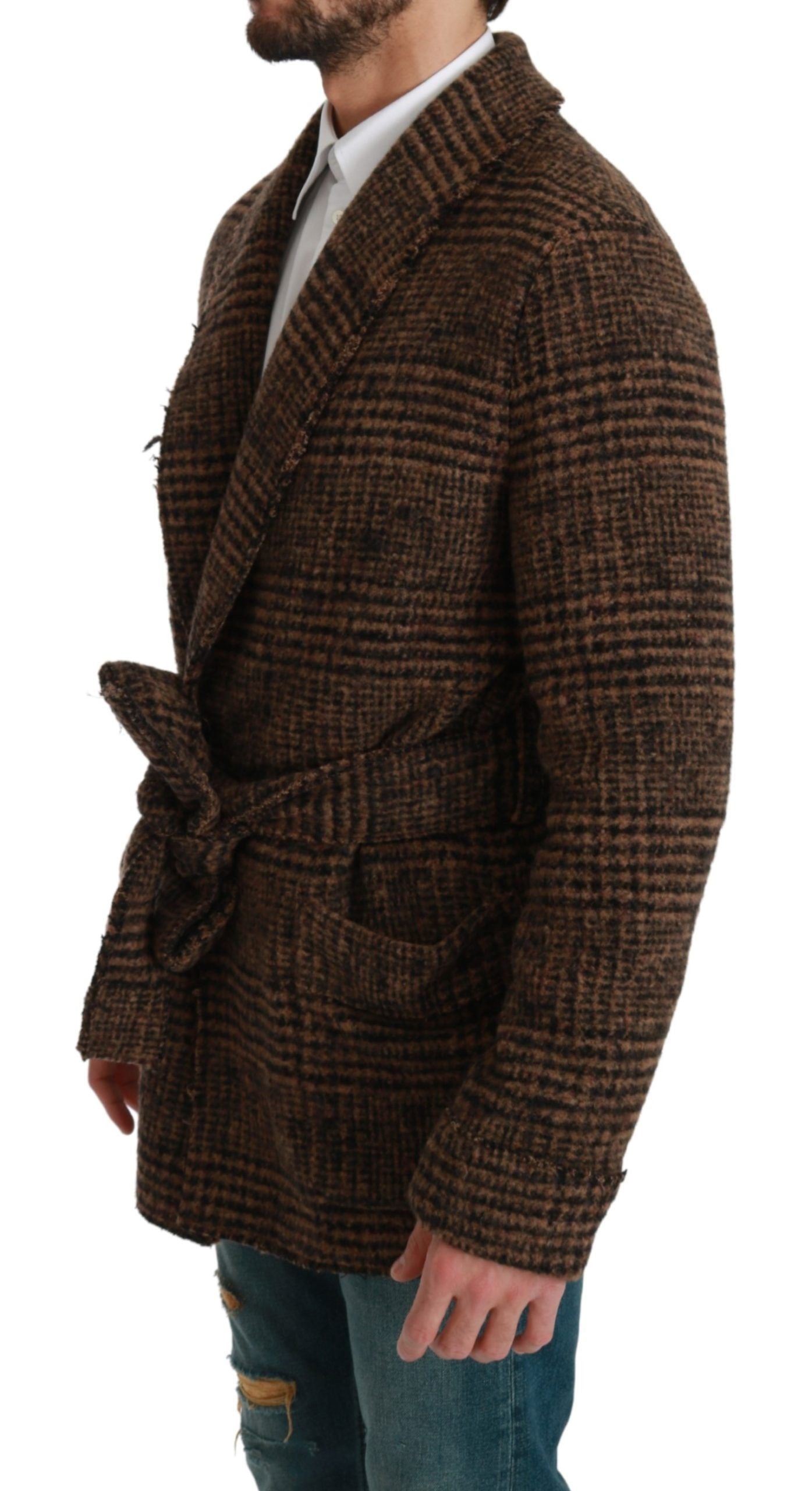 Braun karierter Wollmantel Wickeljacke