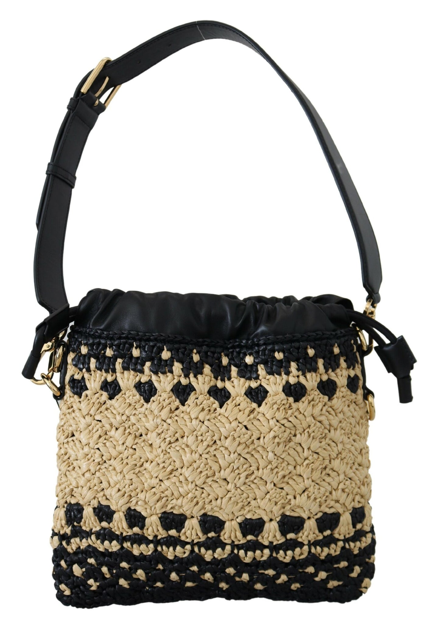 Beige Schwarz Raffia Leder Umhängetasche Handtasche