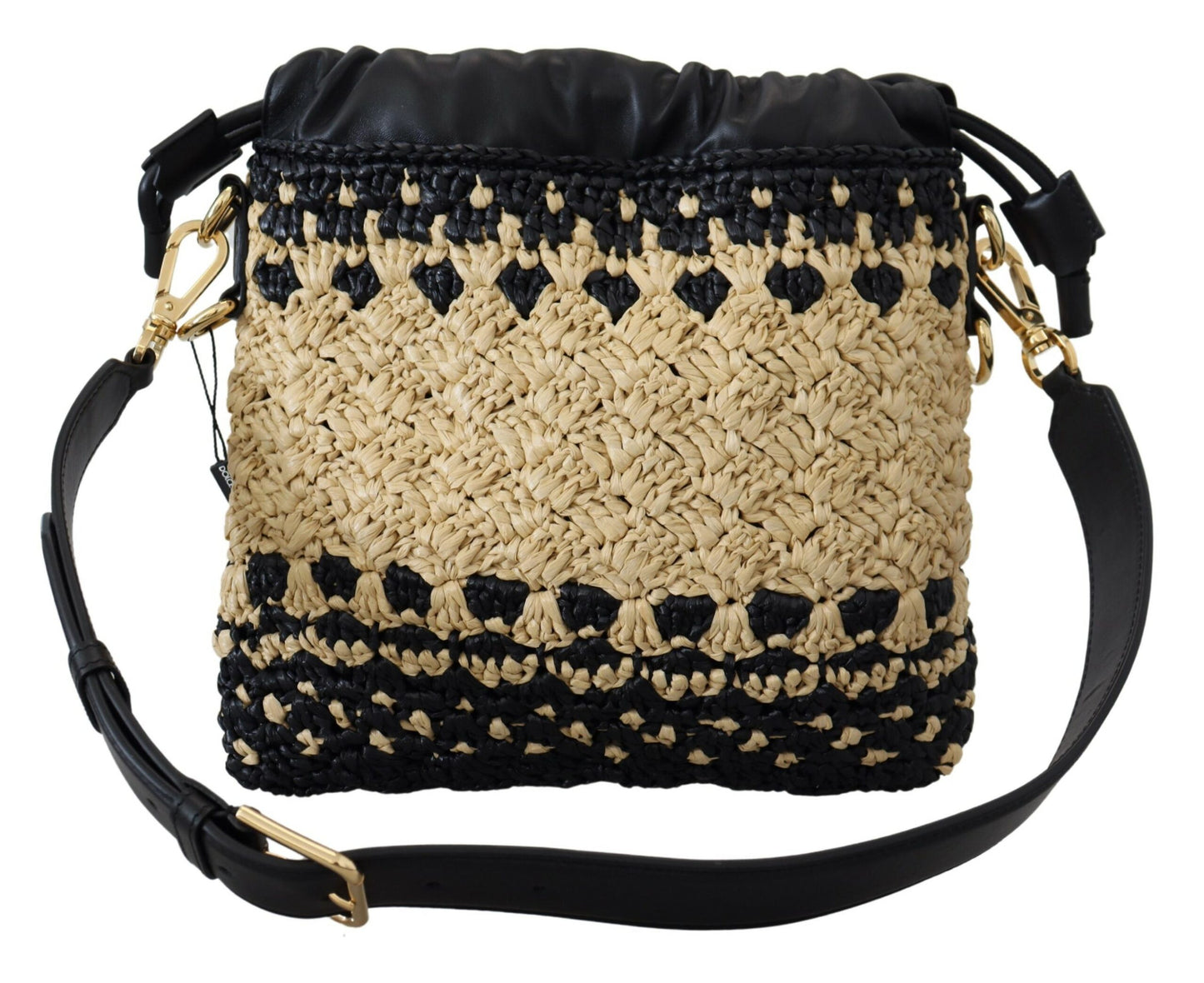 Beige Schwarz Raffia Leder Umhängetasche Handtasche