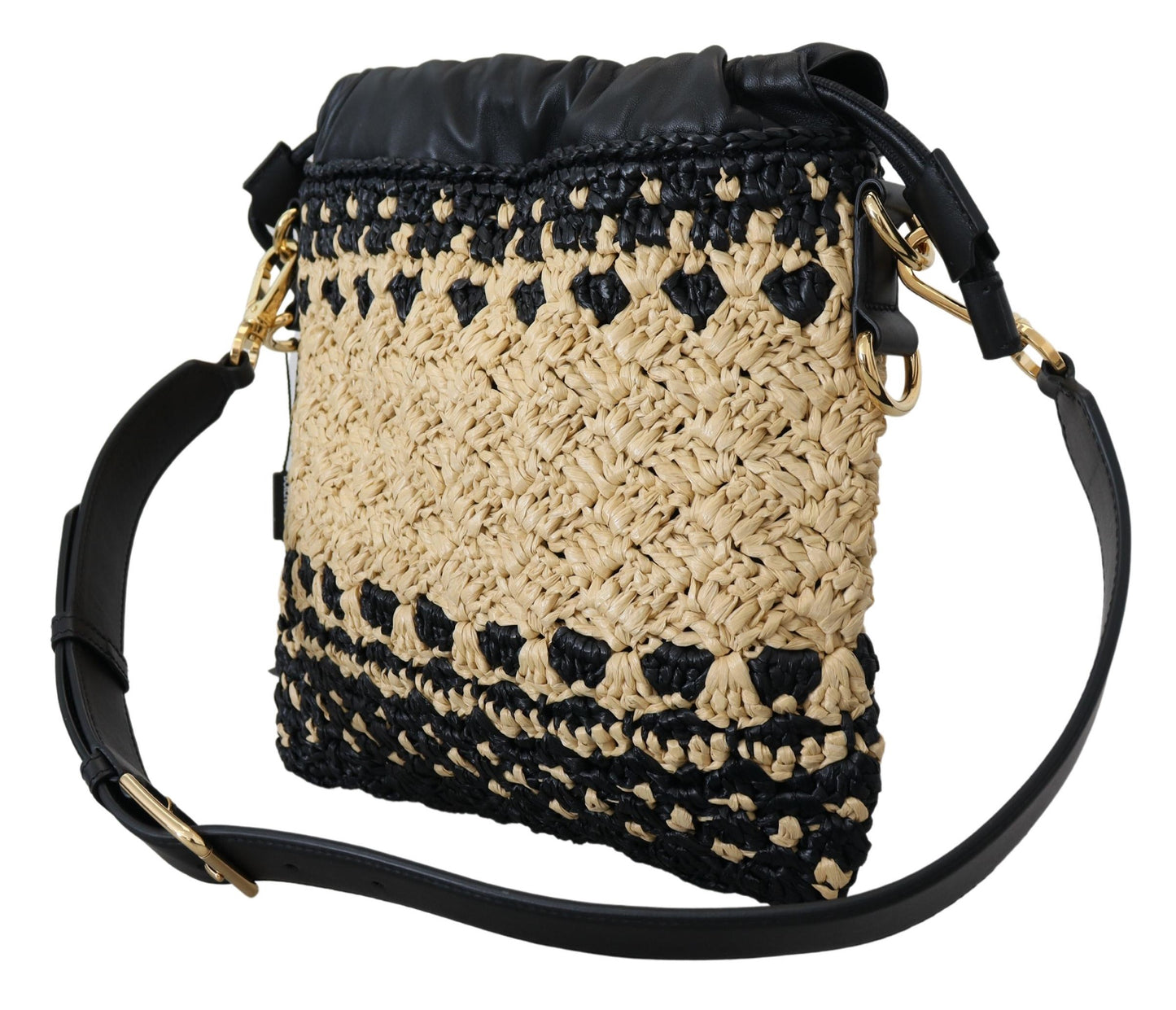 Beige Schwarz Raffia Leder Umhängetasche Handtasche