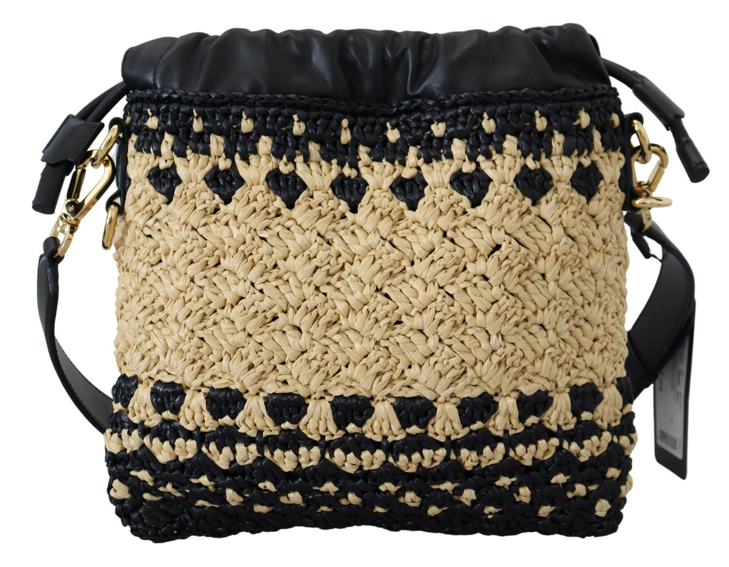 Beige Schwarz Raffia Leder Umhängetasche Handtasche
