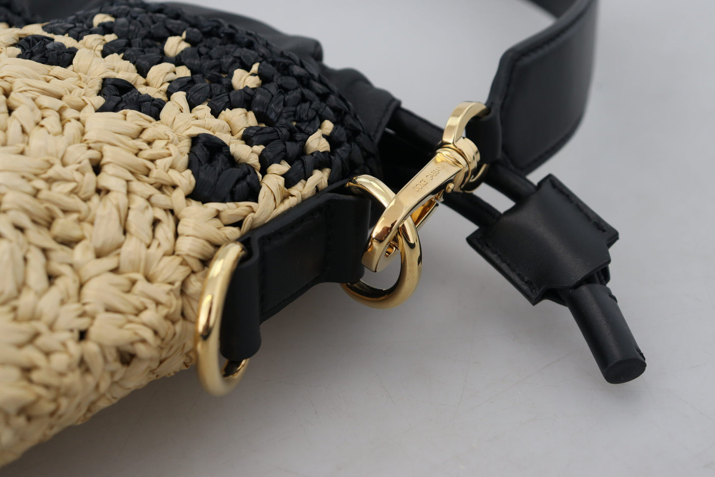Beige Schwarz Raffia Leder Umhängetasche Handtasche