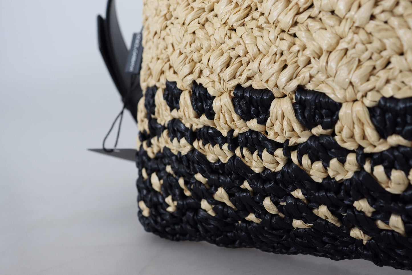 Beige Schwarz Raffia Leder Umhängetasche Handtasche