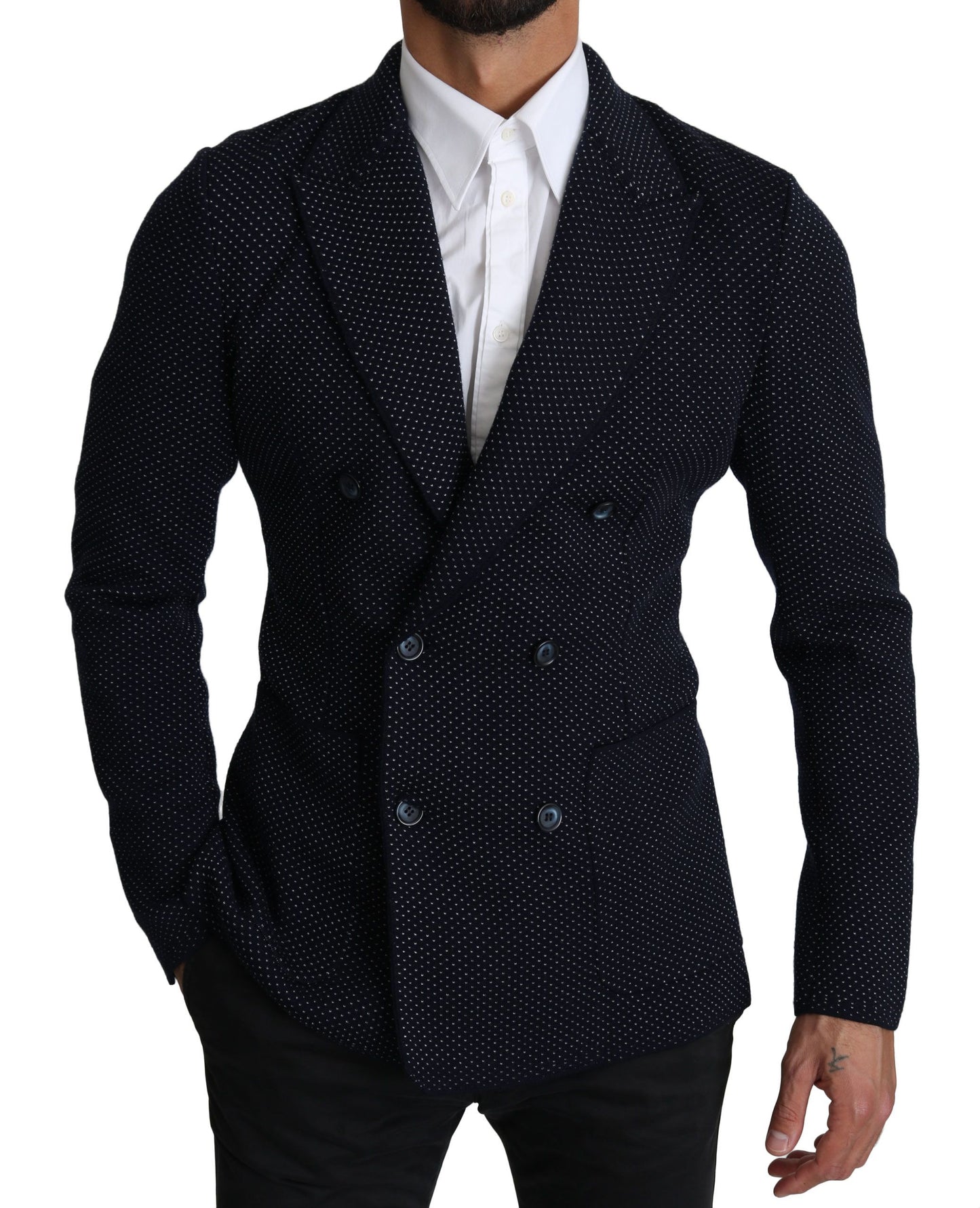 Dunkelblauer gepunkteter zweireihiger Mantel Blazer