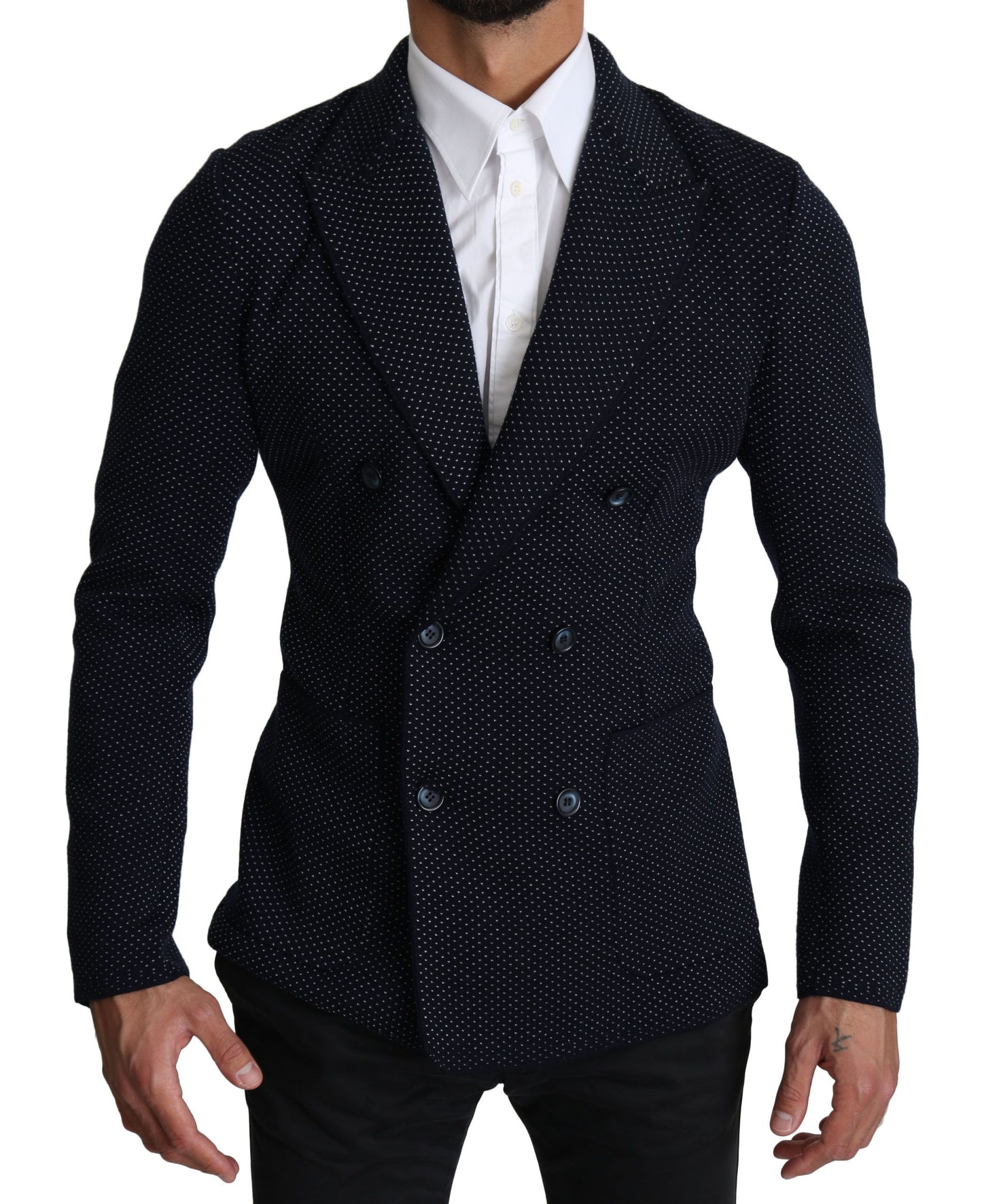 Dunkelblauer gepunkteter zweireihiger Mantel Blazer