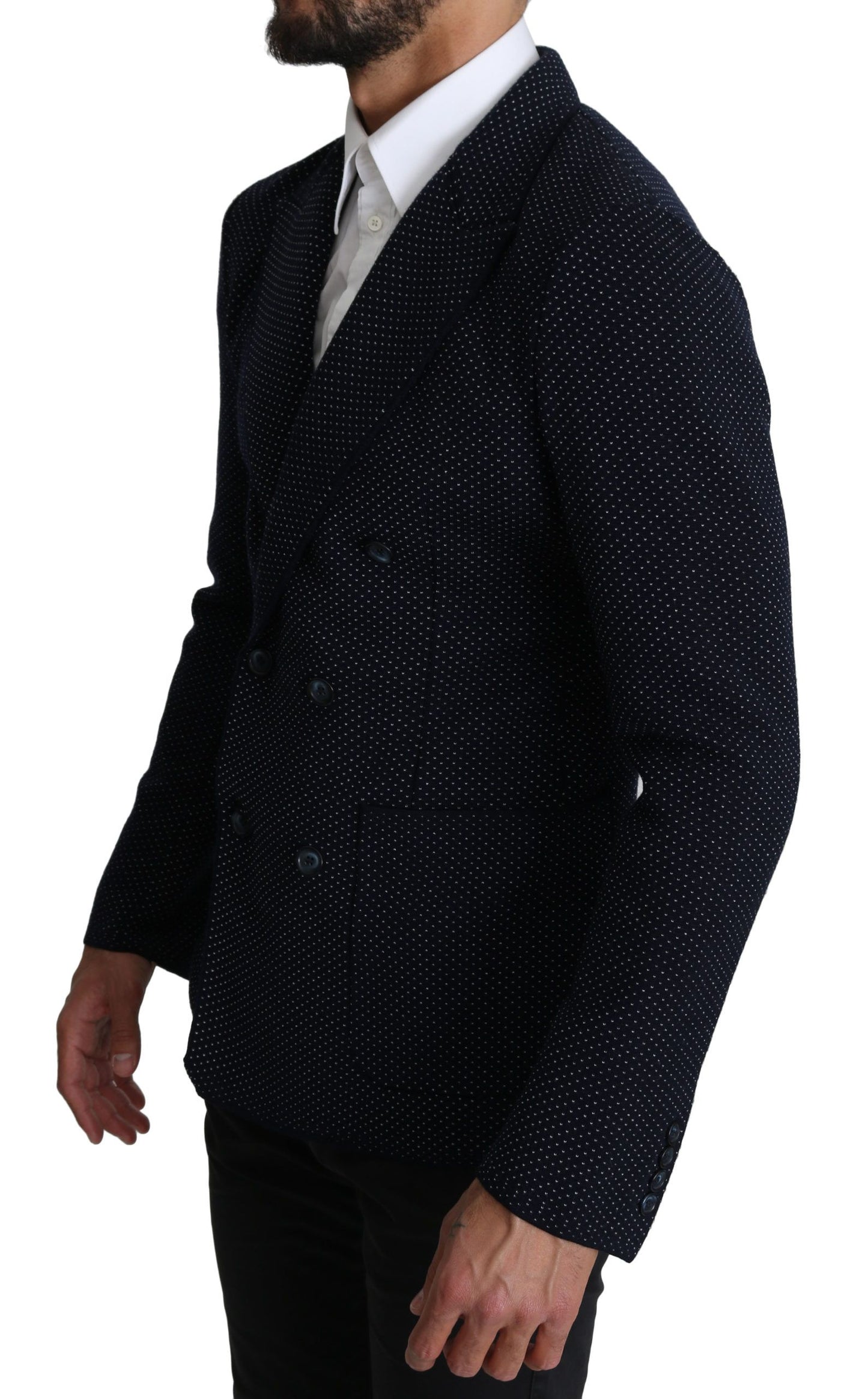 Dunkelblauer gepunkteter zweireihiger Mantel Blazer