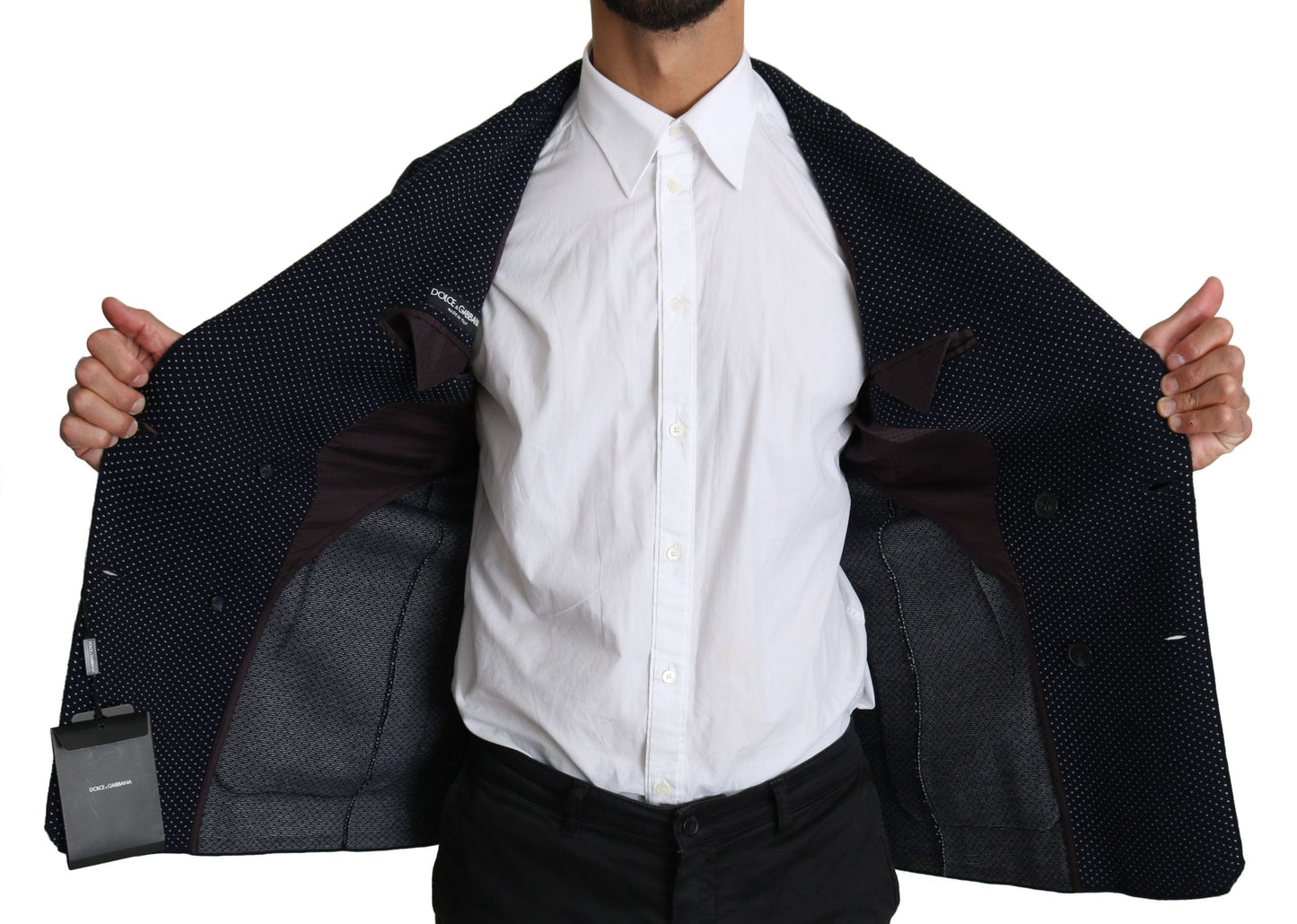 Dunkelblauer gepunkteter zweireihiger Mantel Blazer