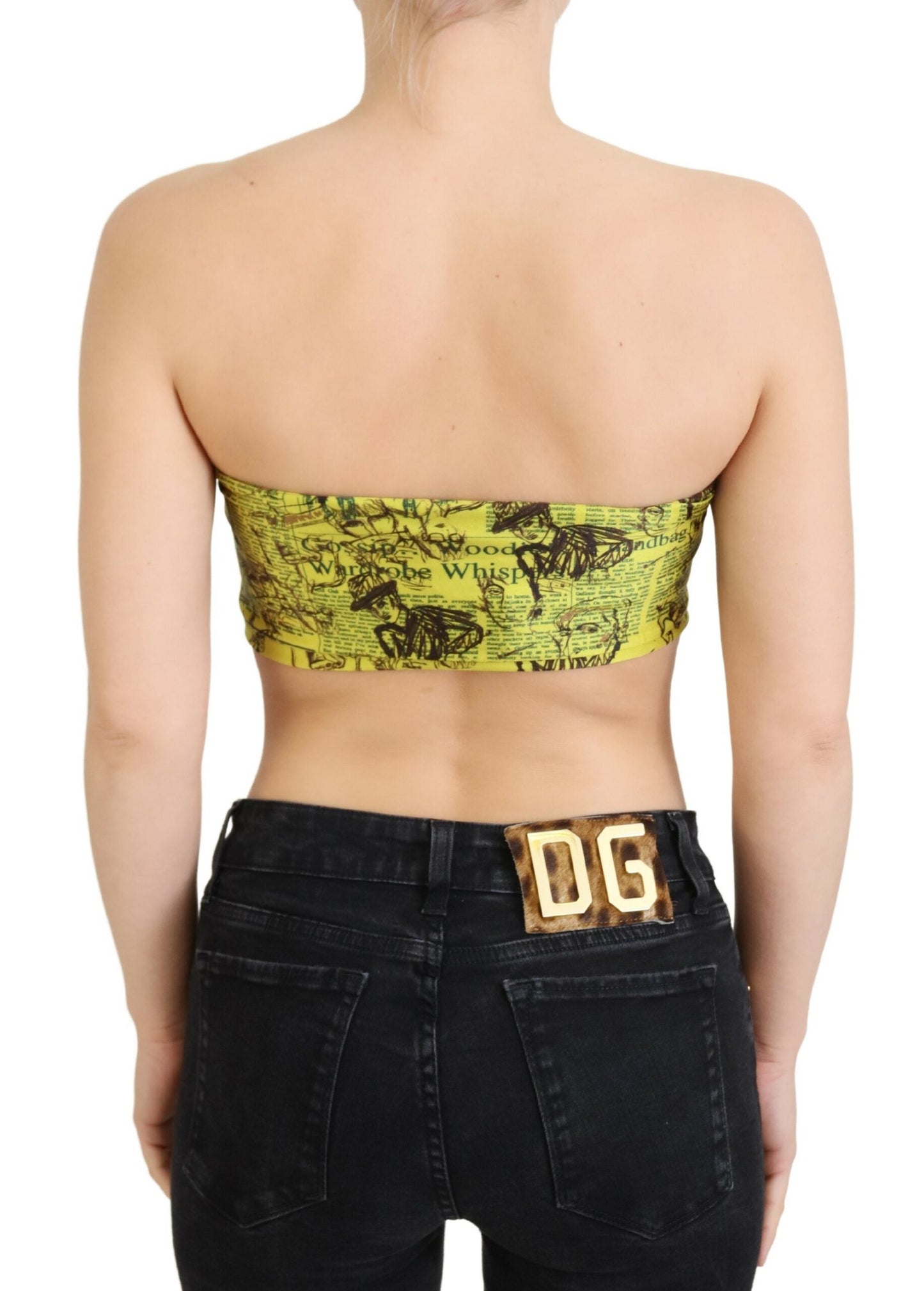 Gelbe Bluse mit Zeitungsdruck in Kurzform