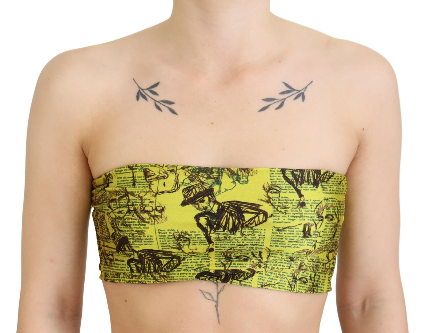 Gelbe Bluse mit Zeitungsdruck in Kurzform