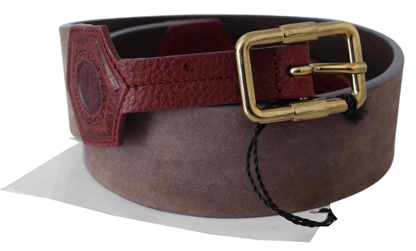 Brauner Leder Gürtel mit breiter Gold Chrom Logo Schnalle