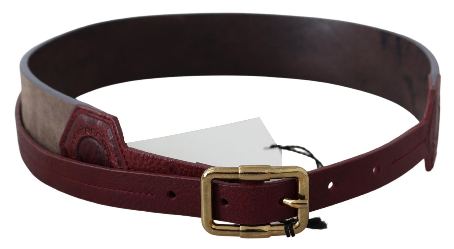 Brauner Leder Gürtel mit breiter Gold Chrom Logo Schnalle