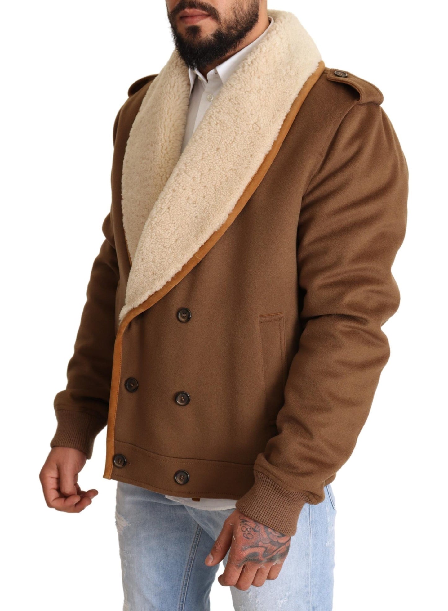 Brauner doppelreihiger Shearling-Mantel Jacke