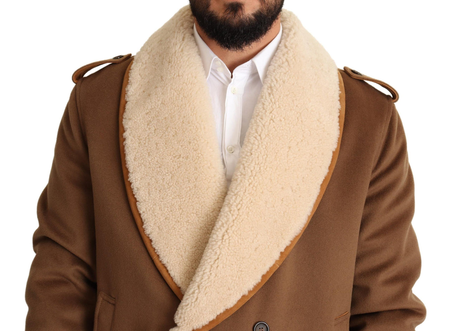Brauner doppelreihiger Shearling-Mantel Jacke