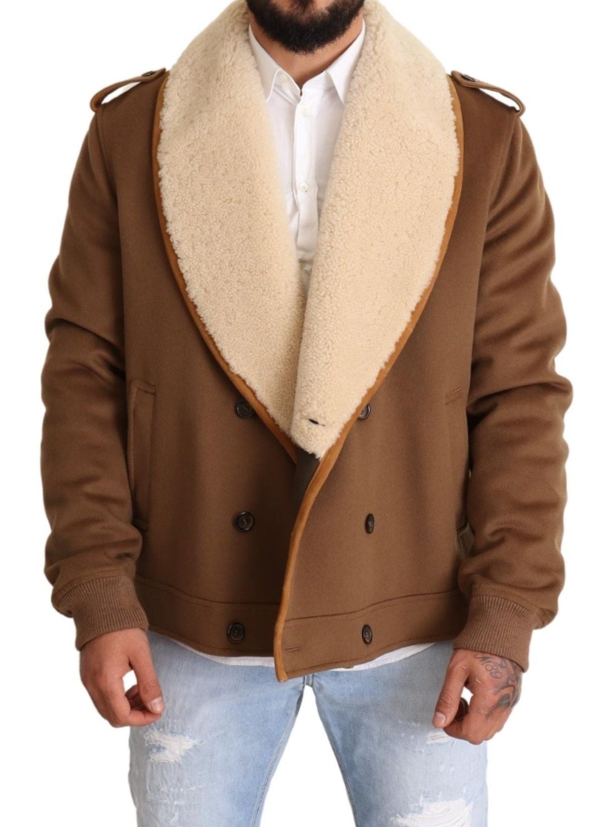 Brauner doppelreihiger Shearling-Mantel Jacke