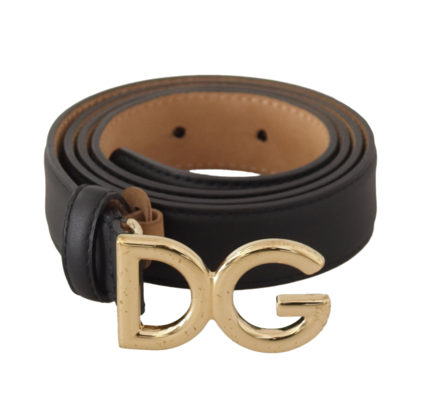 Schwarzer Leder Gürtel mit goldfarbenem DG Logo und Metallschnalle