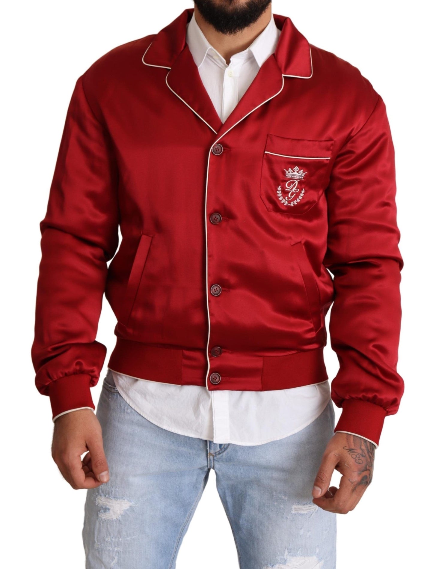 Rote Seidenknopf-DG-Logo-Bomberjacke