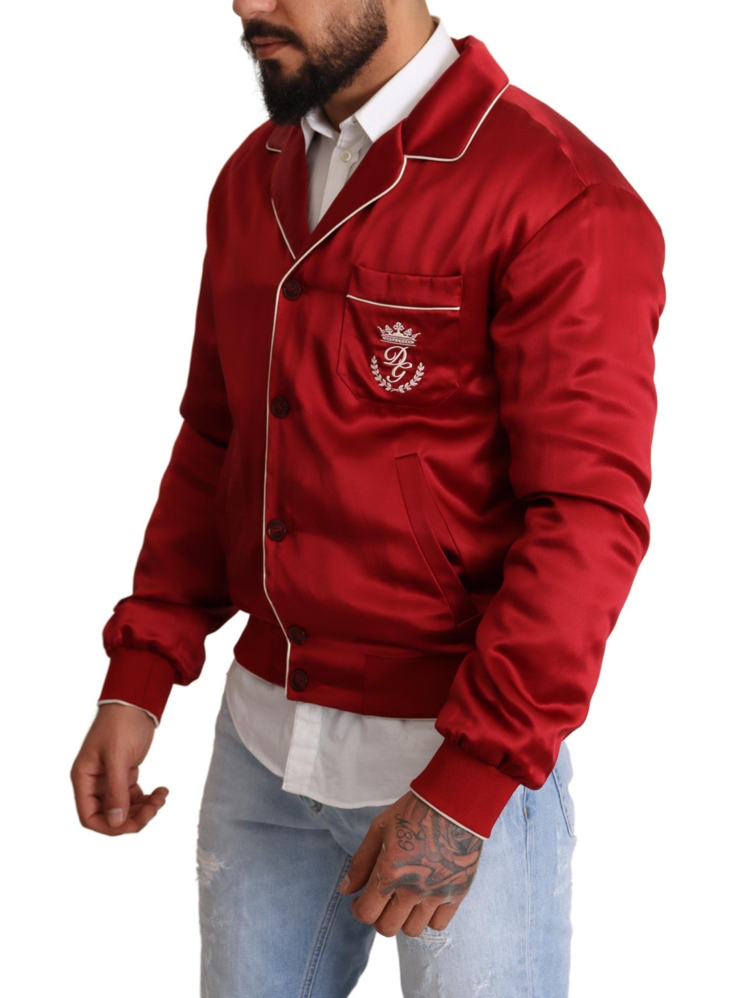 Rote Seidenknopf-DG-Logo-Bomberjacke
