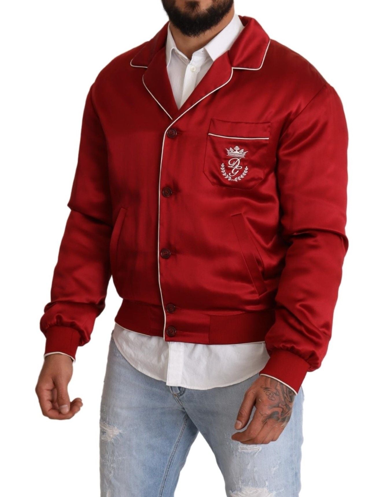 Rote Seidenknopf-DG-Logo-Bomberjacke