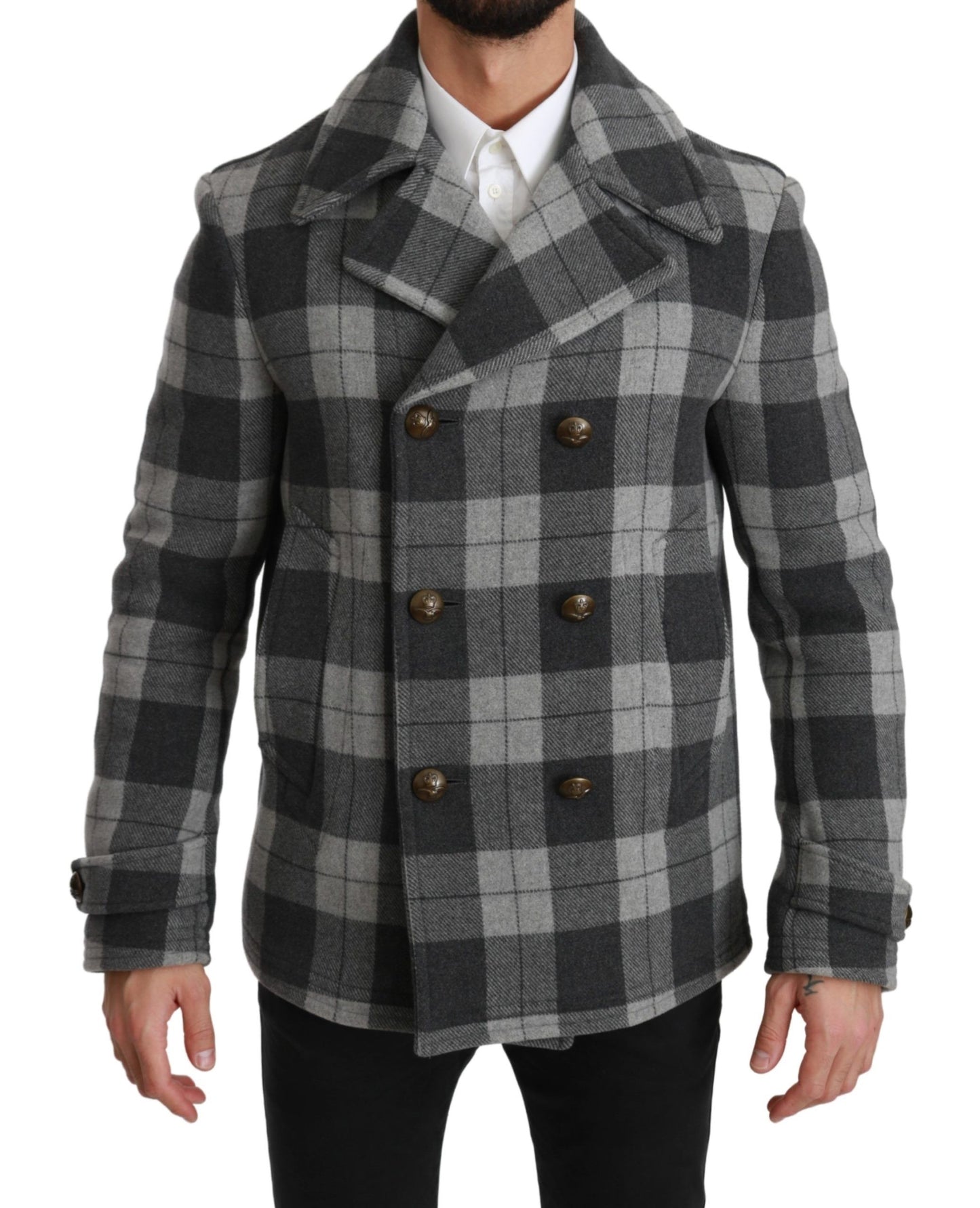 Grauer karierter Wollkaschmirmantel Jacke
