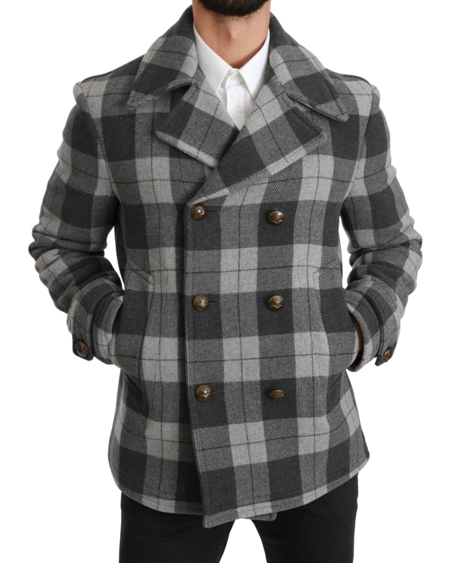 Grauer karierter Wollkaschmirmantel Jacke