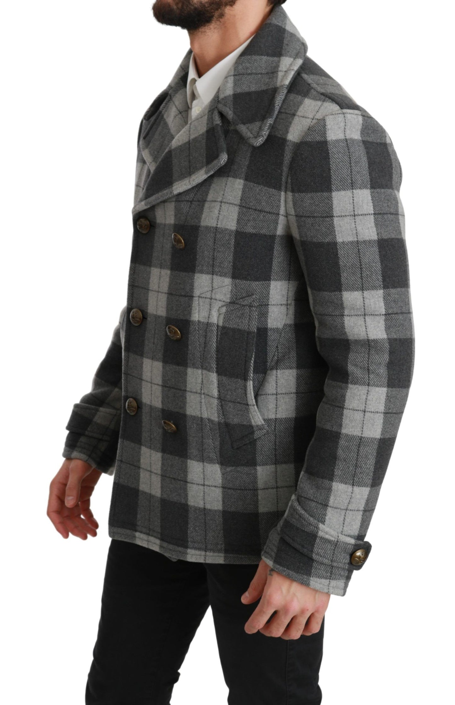 Grauer karierter Wollkaschmirmantel Jacke