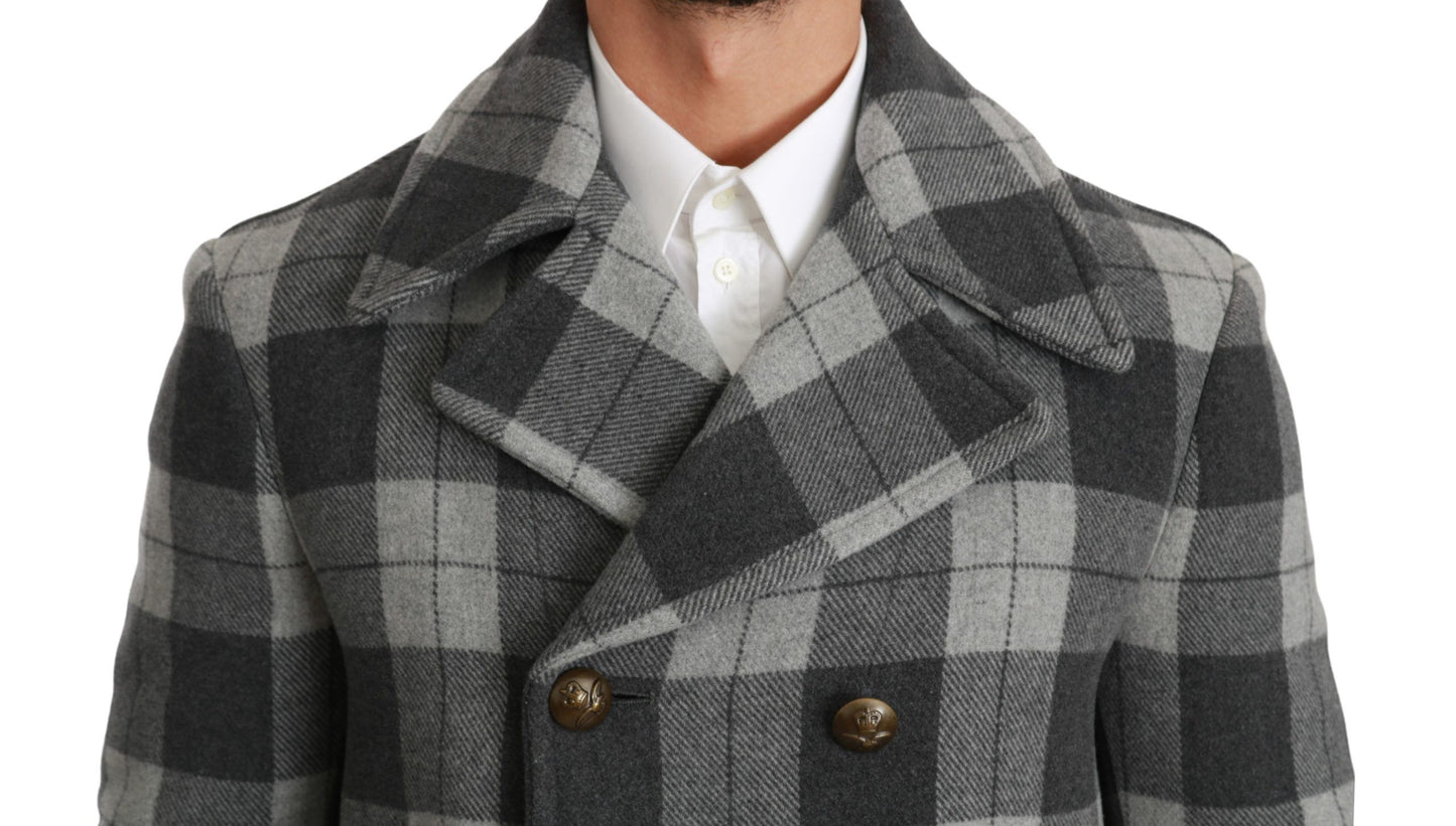 Grauer karierter Wollkaschmirmantel Jacke