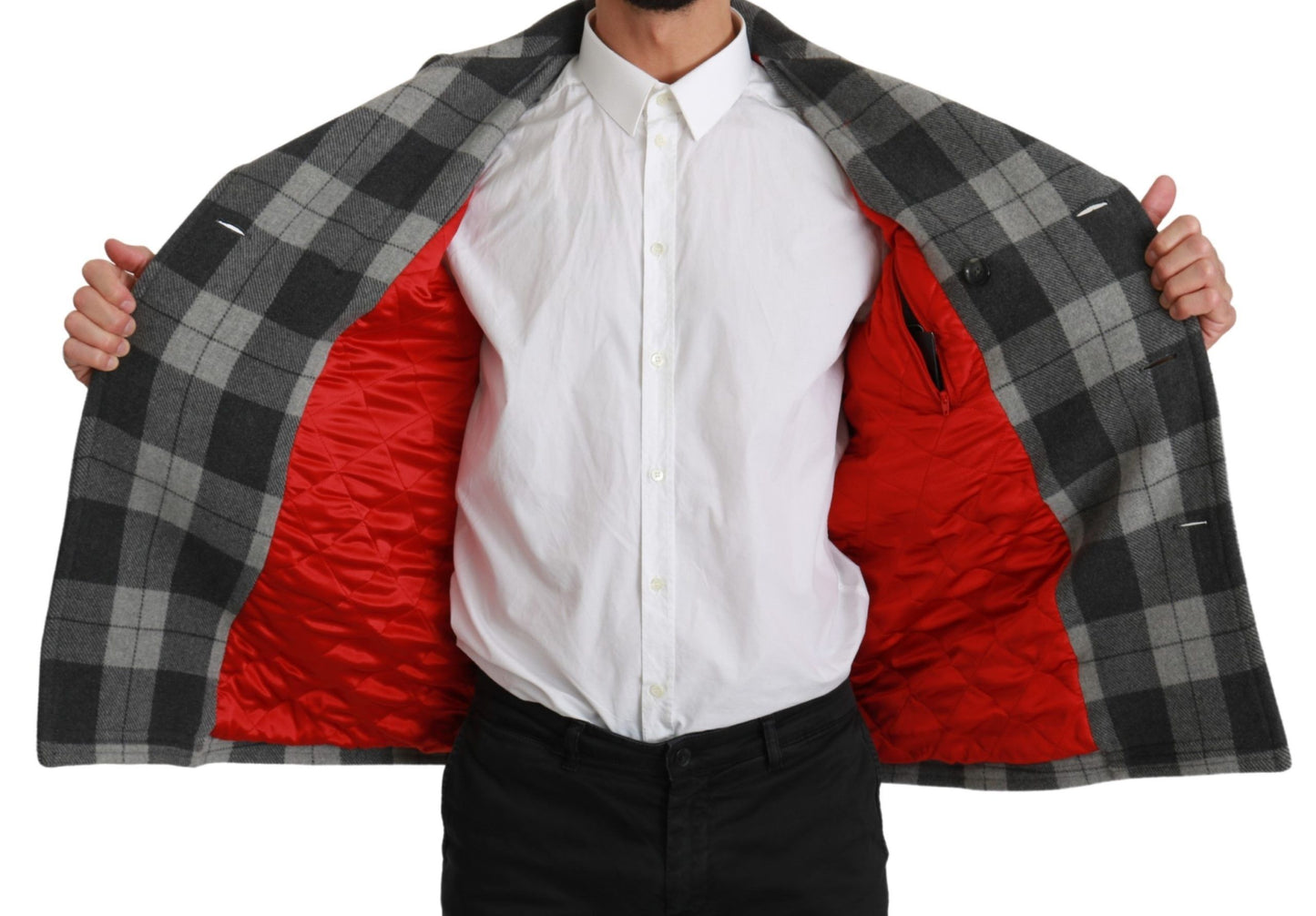 Grauer karierter Wollkaschmirmantel Jacke