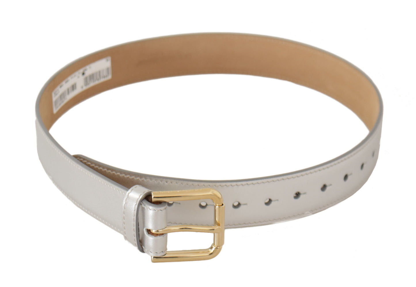 Silberner Ledergürtel mit goldfarbener Logo-Metallschnalle