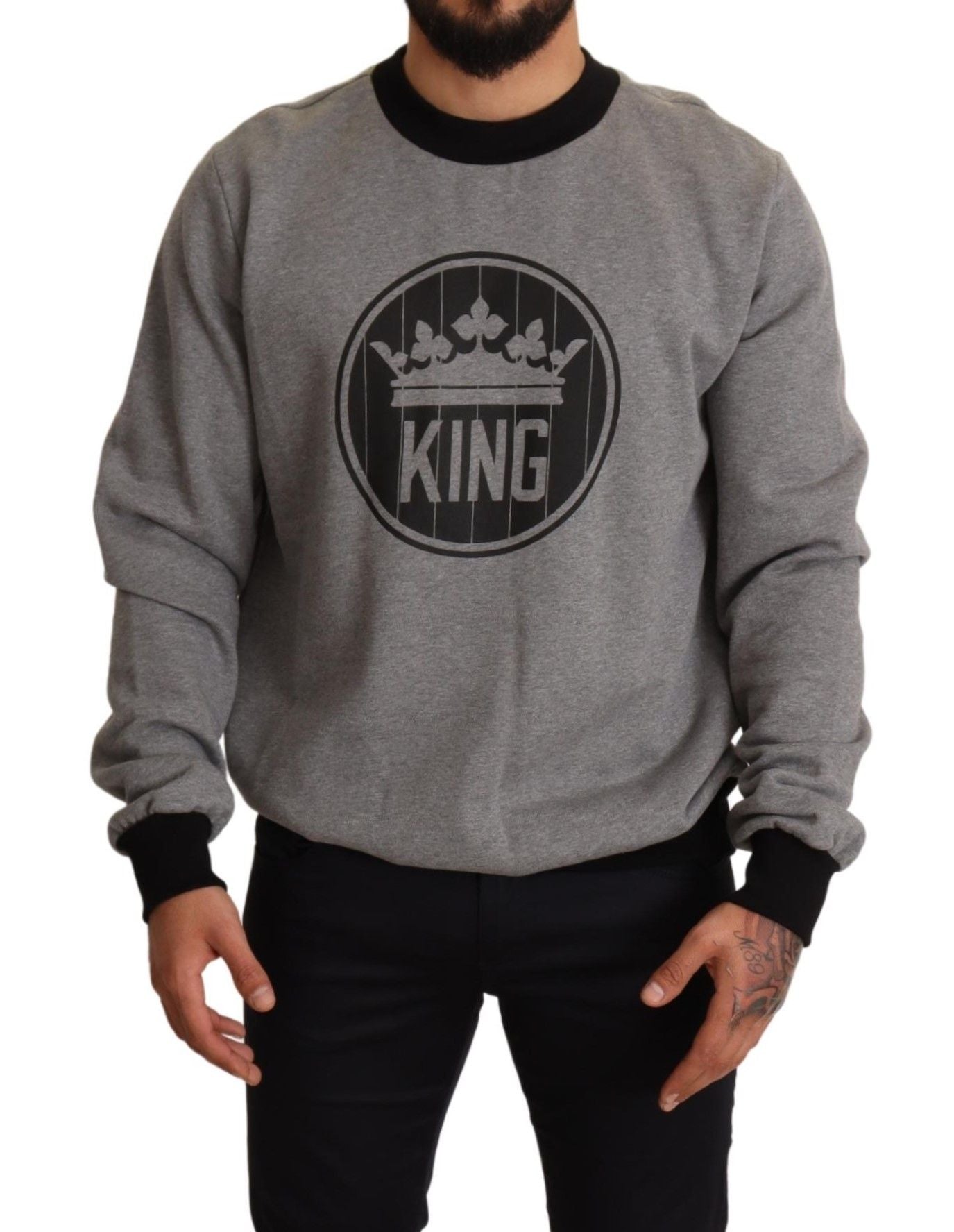 Grauer Crown King Print Baumwollpullover
