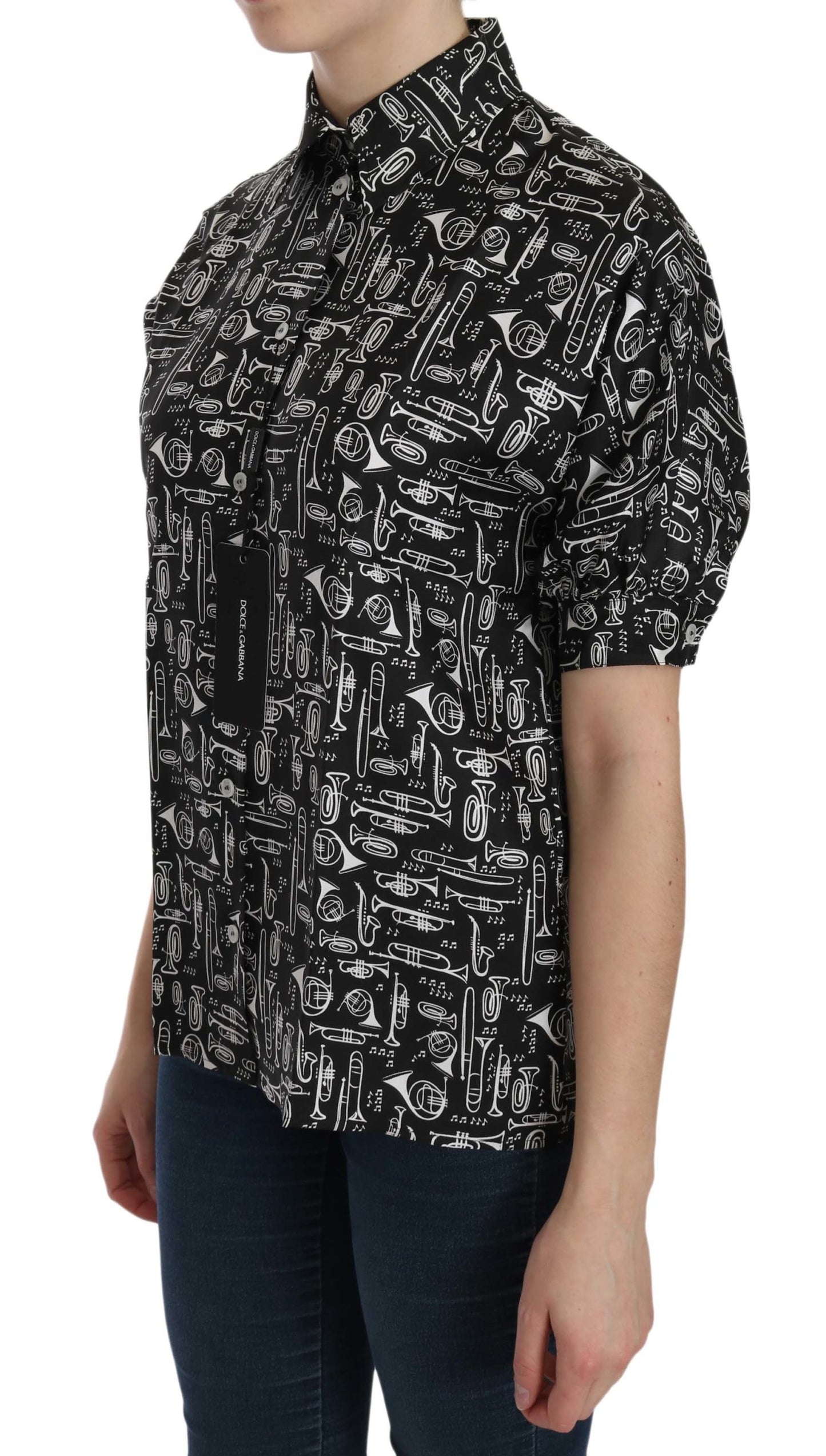 Schwarzes Musikinstrument Kragenbluse Shirt