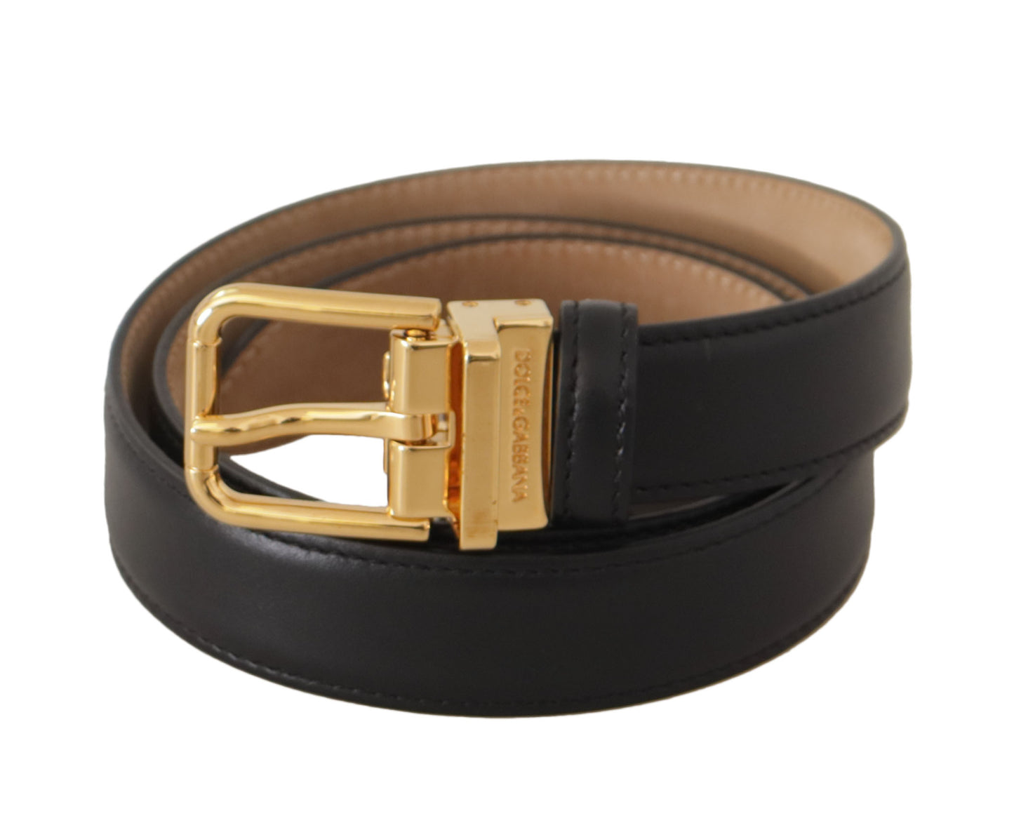 Schwarzes Kalbsleder Gold Metall Logo Gürtelschnalle