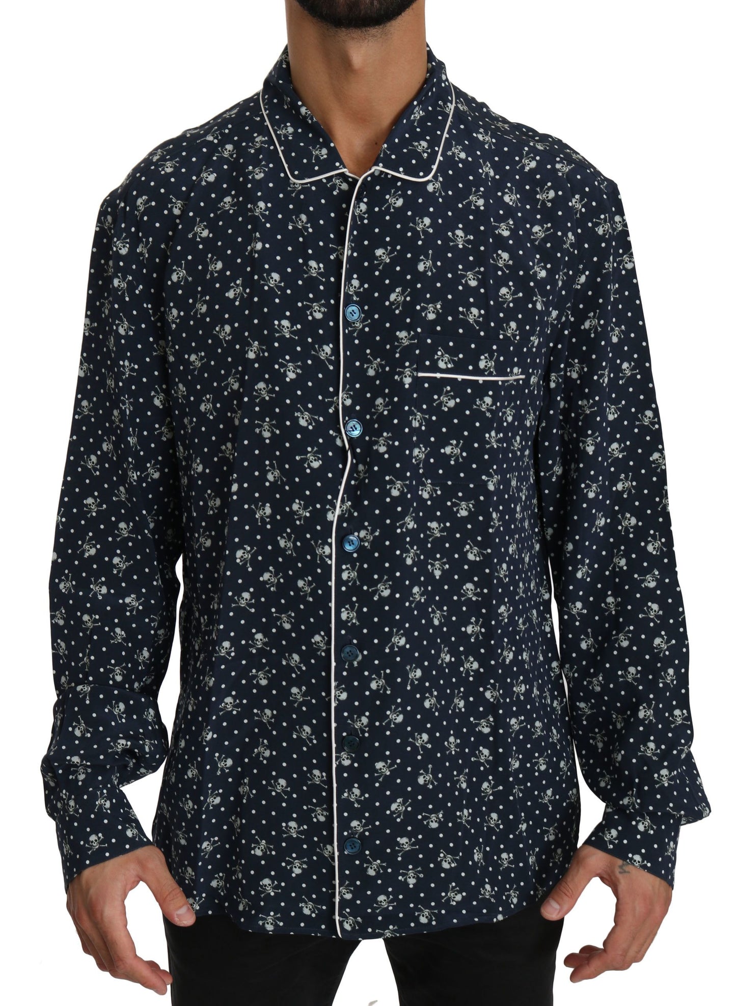 Blaues Seidentop mit Totenkopfdruck Nachtwäsche Shirt