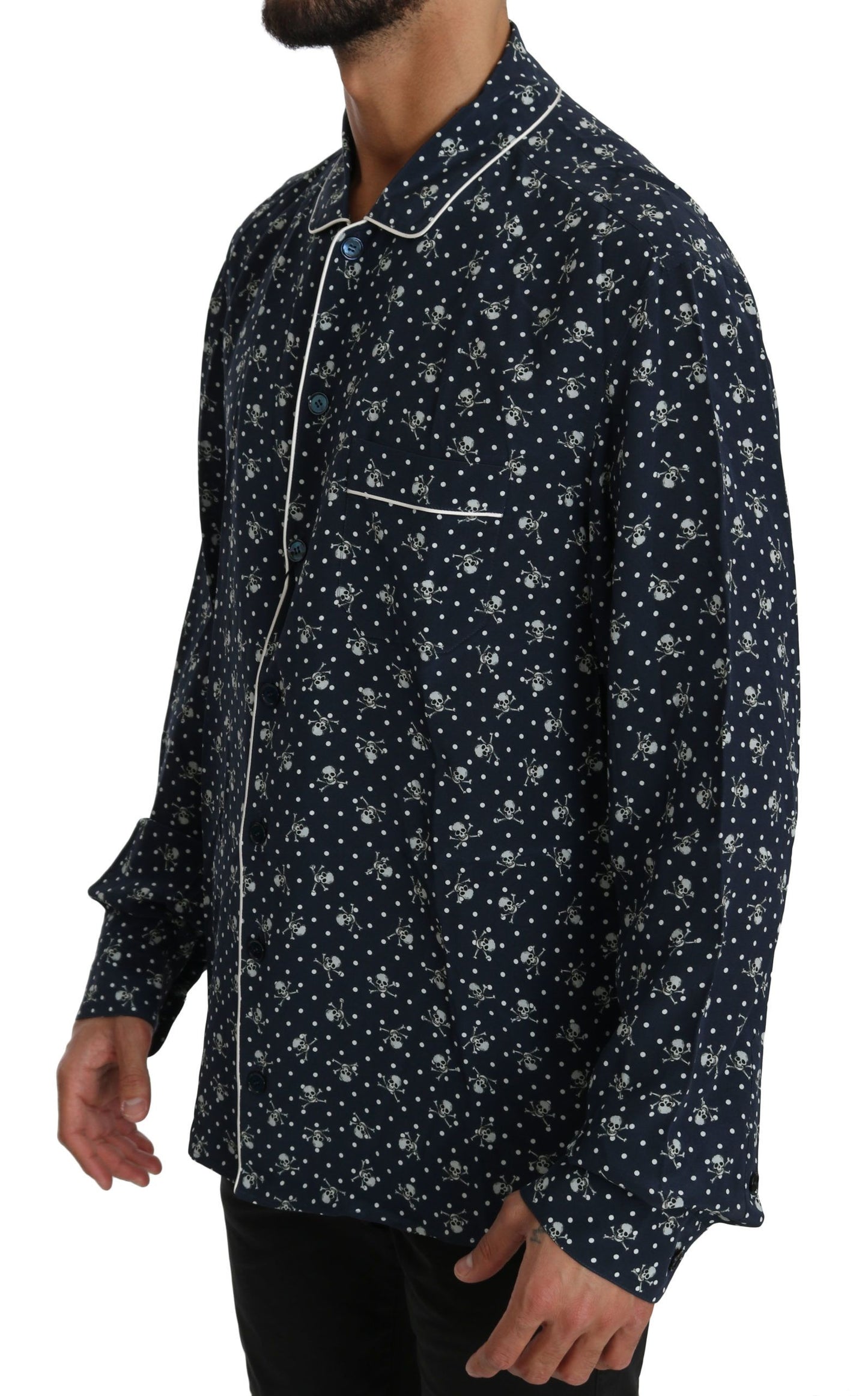 Blaues Seidentop mit Totenkopfdruck Nachtwäsche Shirt