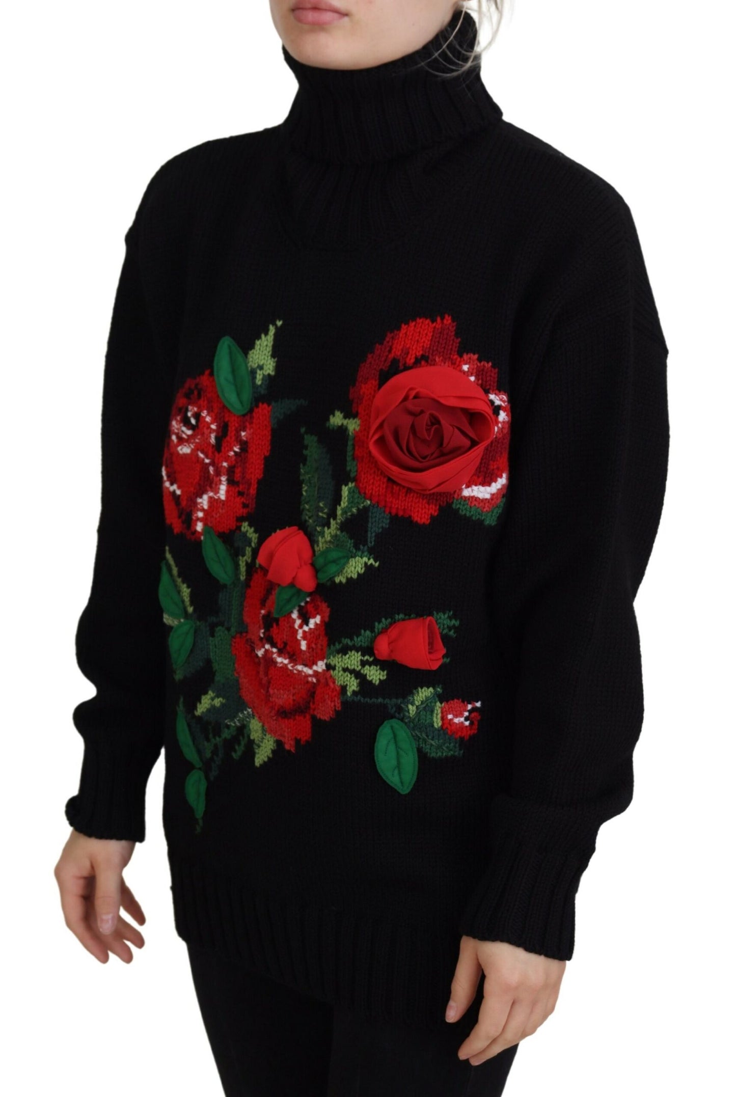 Schwarzer Rollkragenpullover Rote Rosen Pullover
