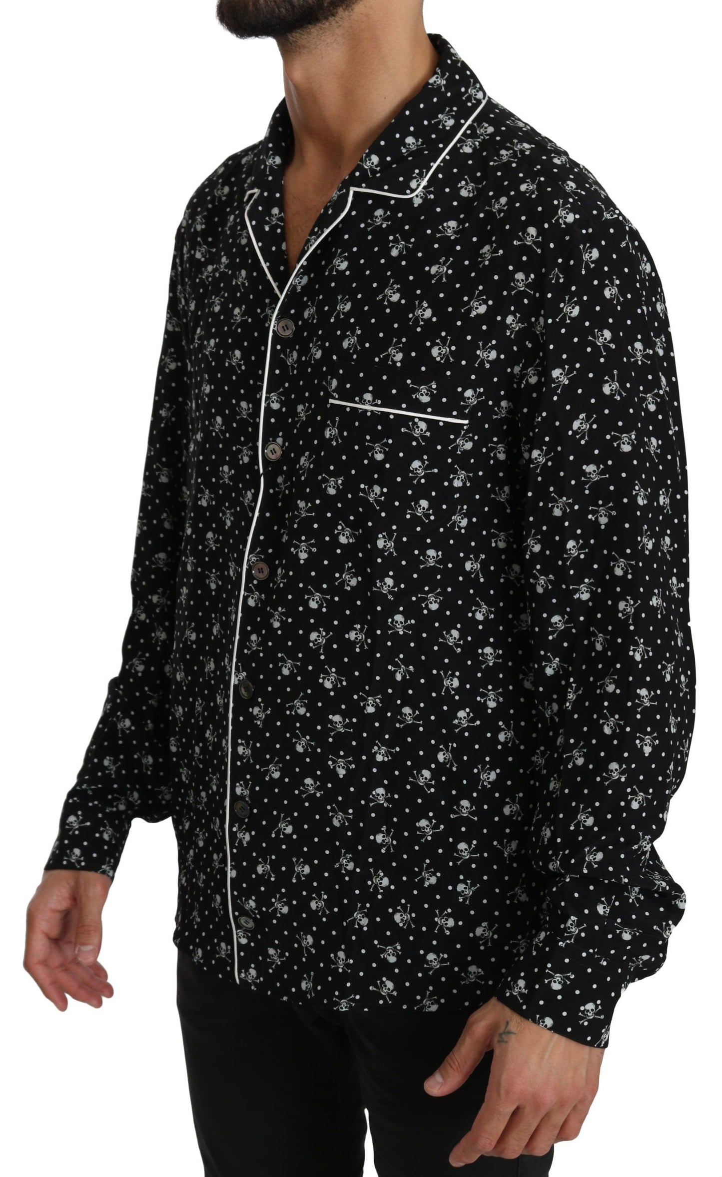 Schwarzer Totenkopfdruck Seidenschlafanzug Shirt