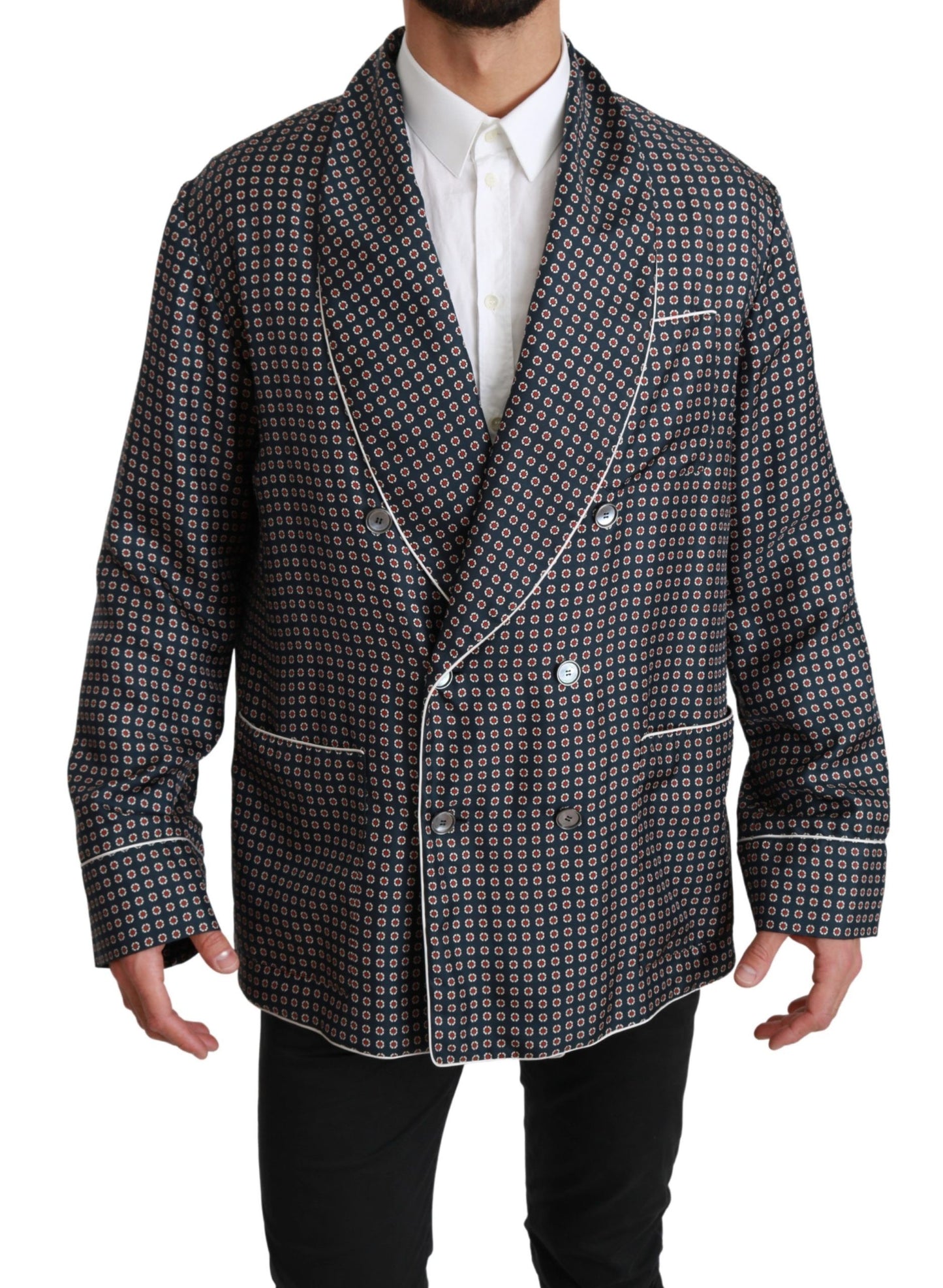 Marineblauer gemusterter Zweireiher Mantel Jacke