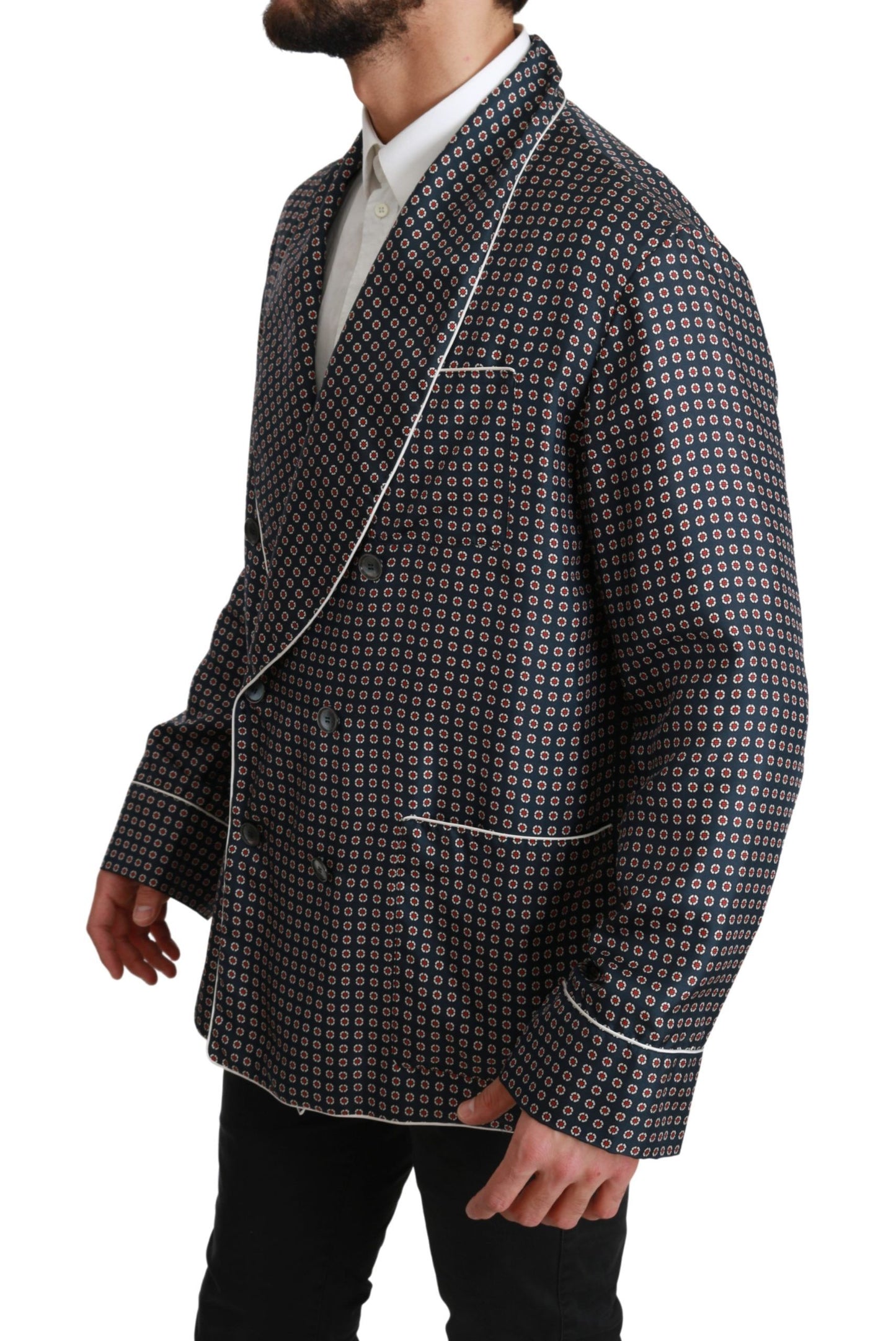 Marineblauer gemusterter Zweireiher Mantel Jacke