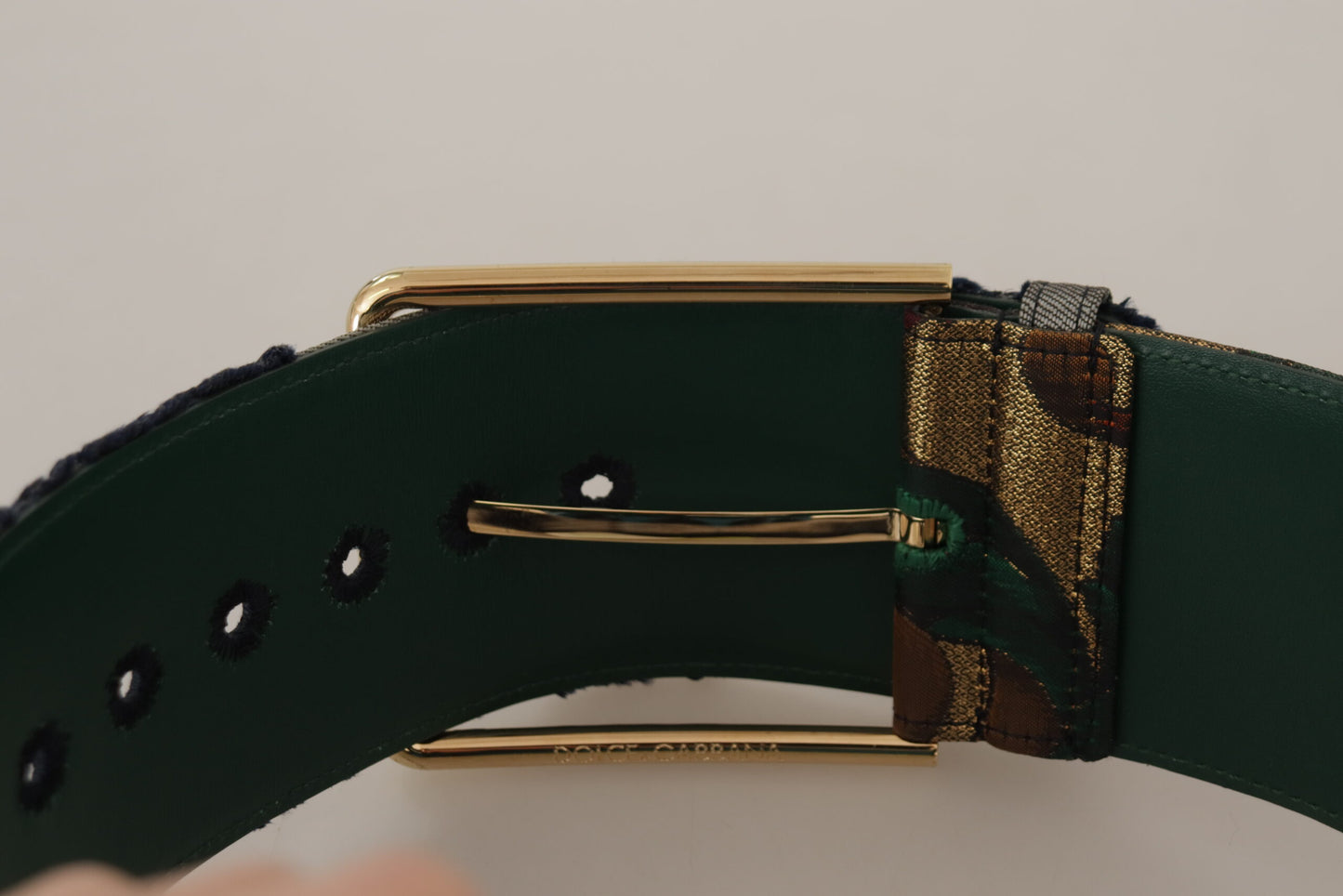 Grüner Jacquard-Embroider-Leder-Gürtel mit goldener Metallschnalle