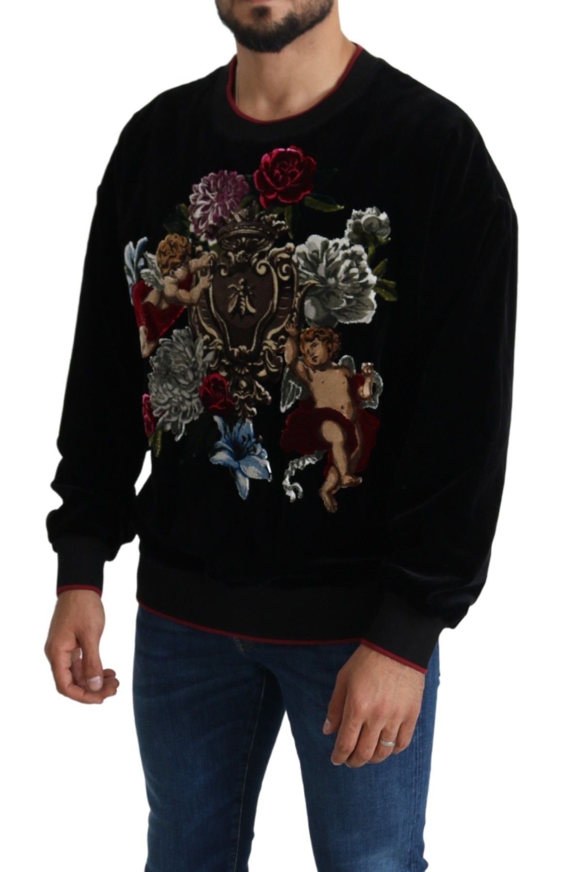 Schwarzer Samt-Engel-Pullover mit Blumen und Bienen