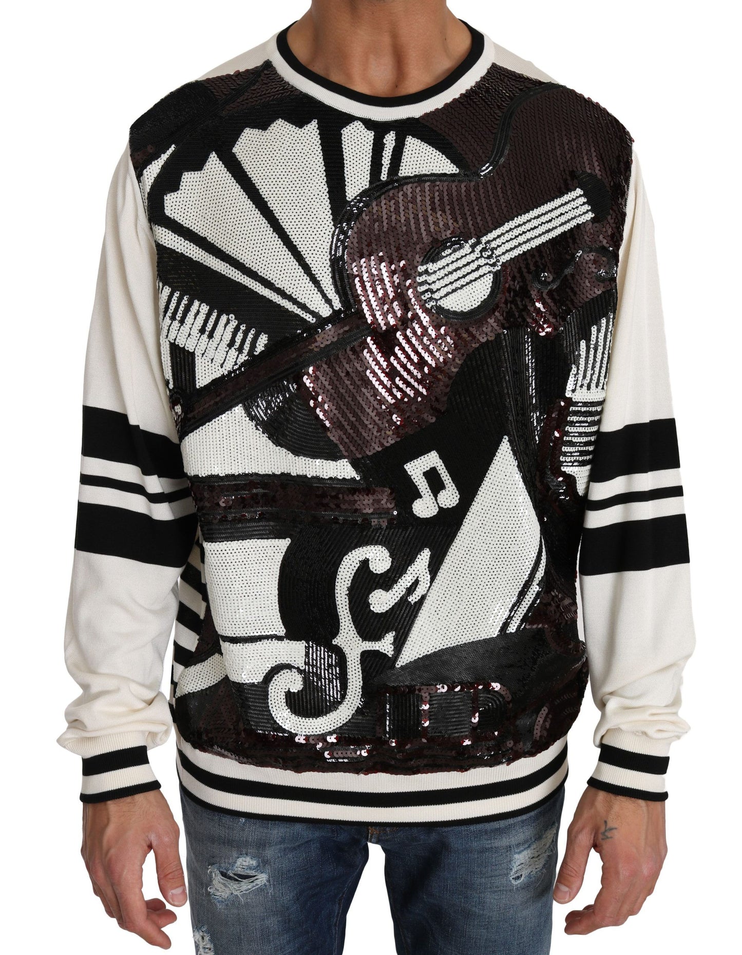 Weißer Jazz Pailletten-Gitarren-Pullover Top Pullover